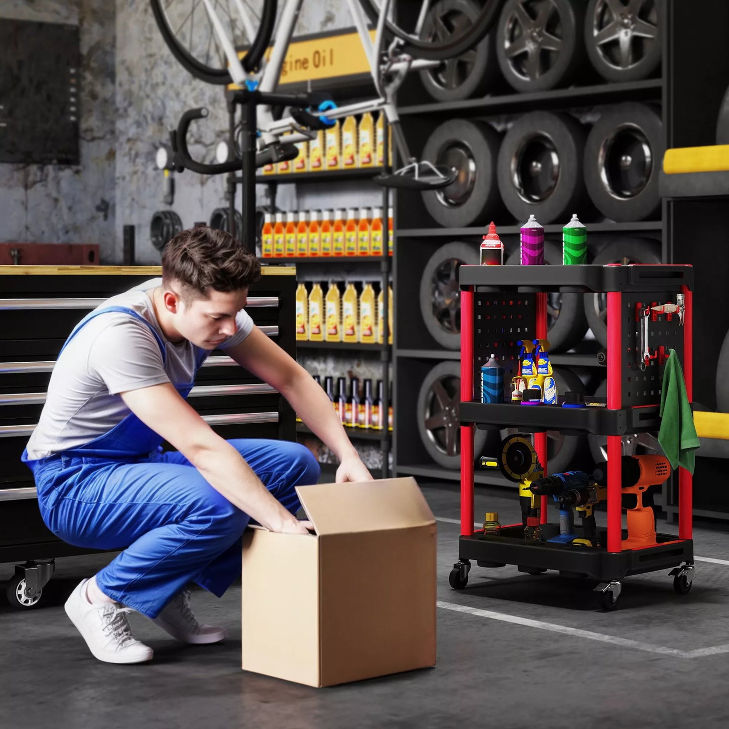 Įrankių vežimėlis, trijų pakopų lentynos, 4 ratai, plastikas, 10 kabliukų, raudonas