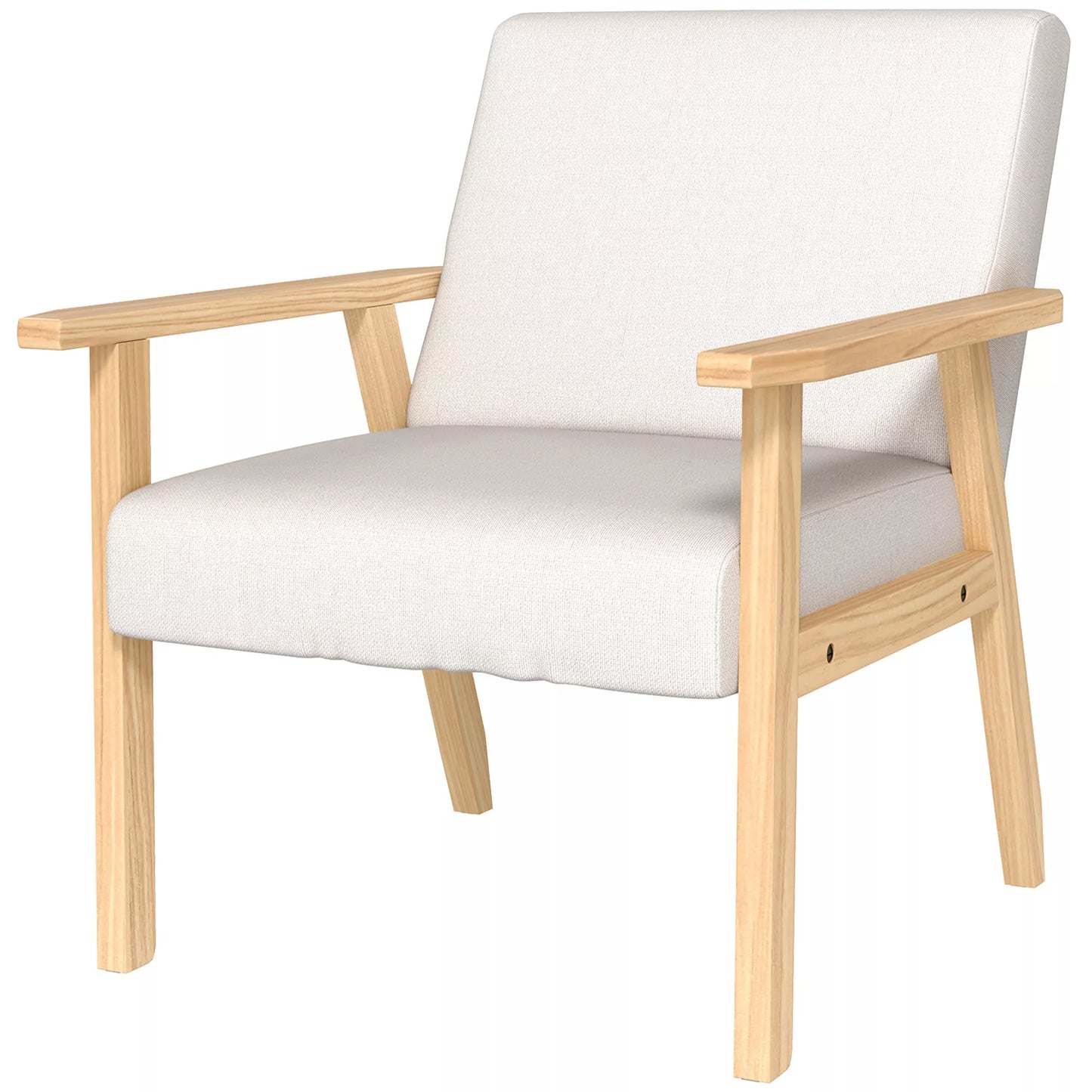 Minkštas fotelis su porankiais, valgomojo kėdė su linine išvaizda, su medžio masyvo rėmu, 64 x 70 x 72 cm, kreminės spalvos.