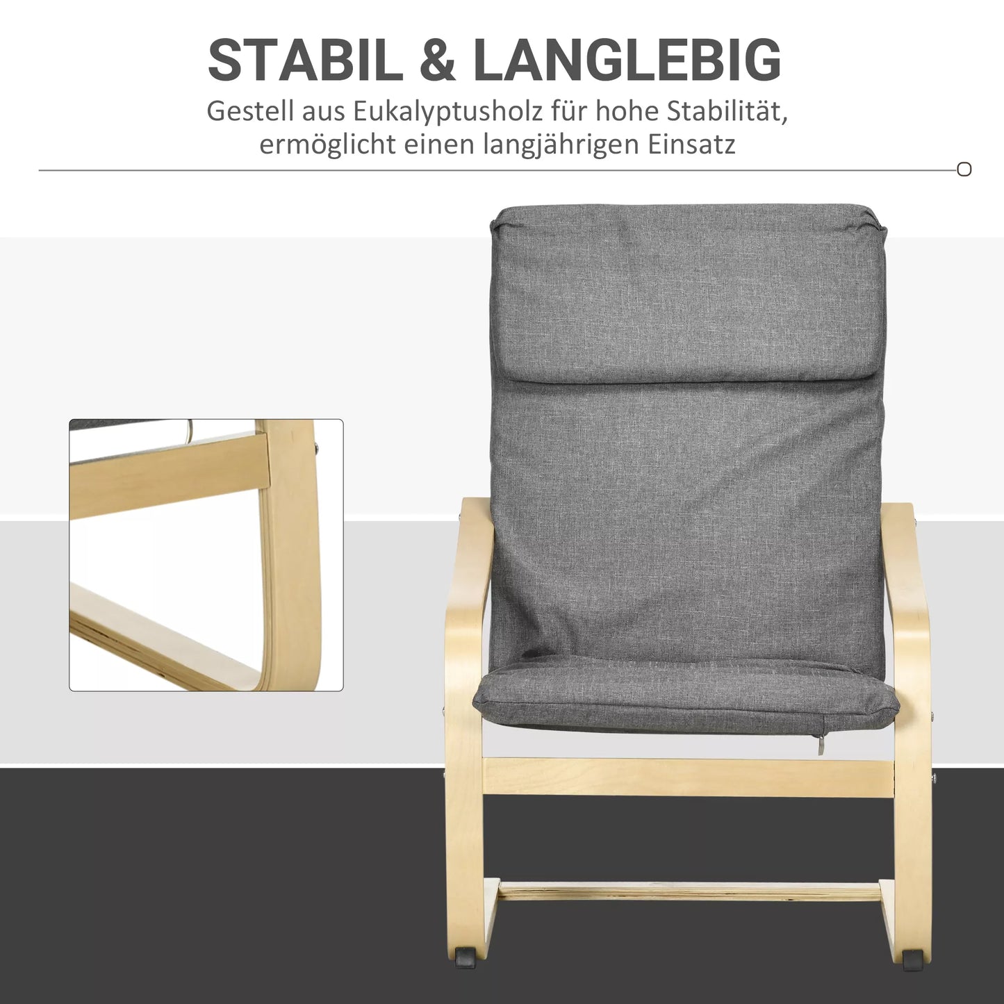 Fotelis su galvos atrama ir porankiais, apmušalas su lininės išvaizdos, medinis rėmas, pilka + natūrali