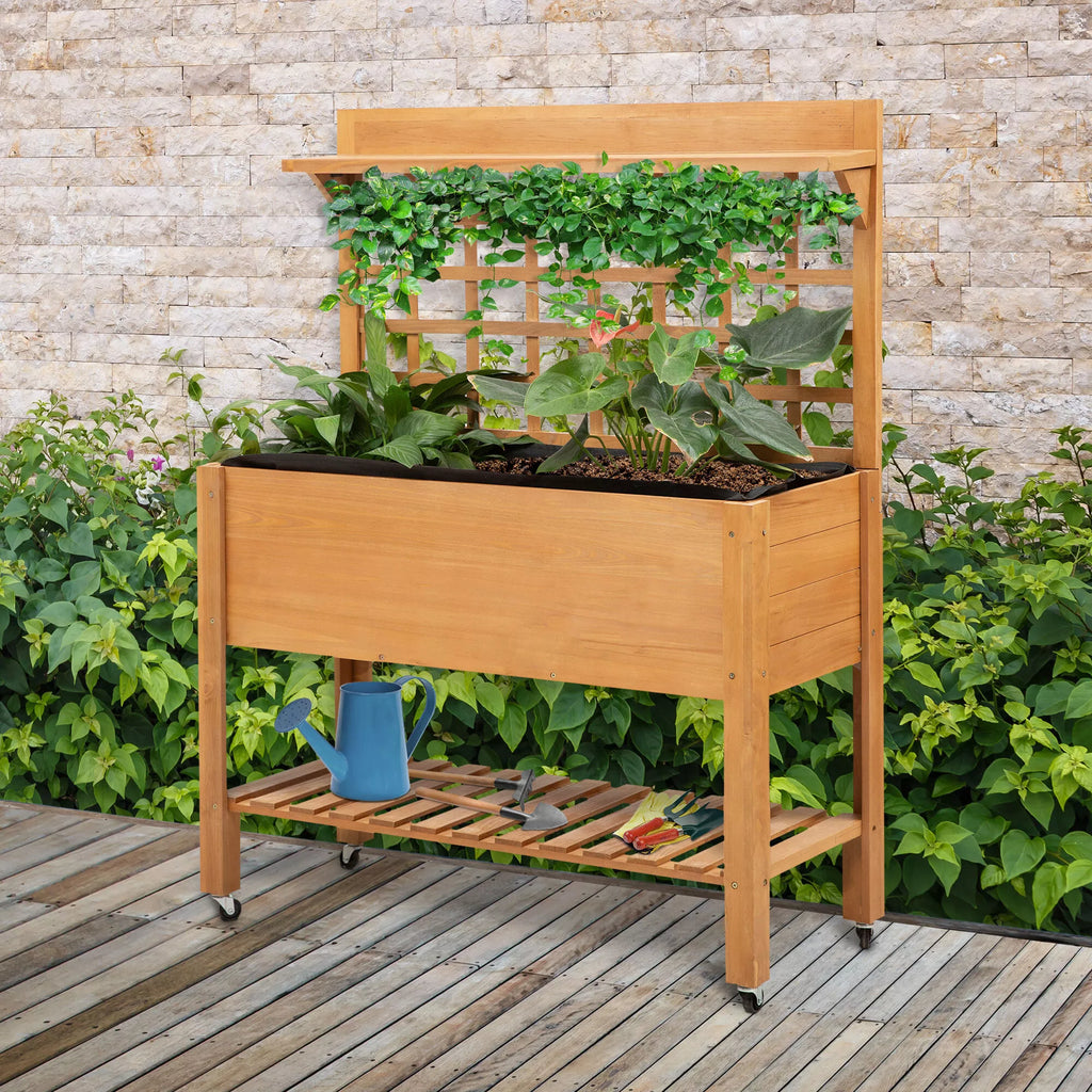 Medinis sodinimo stalas gėlynams, eglės mediena, rudas, 105 × 40 × 135 cm