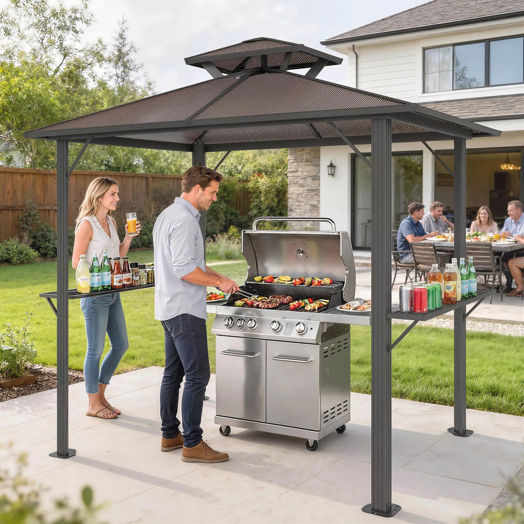 Grillpavillon 2,5 x 1,5 m, vandeniui atsparus grilio stogas su dvigubu polikarbonato stogu, šoninė lentynėlė, ruda spalva