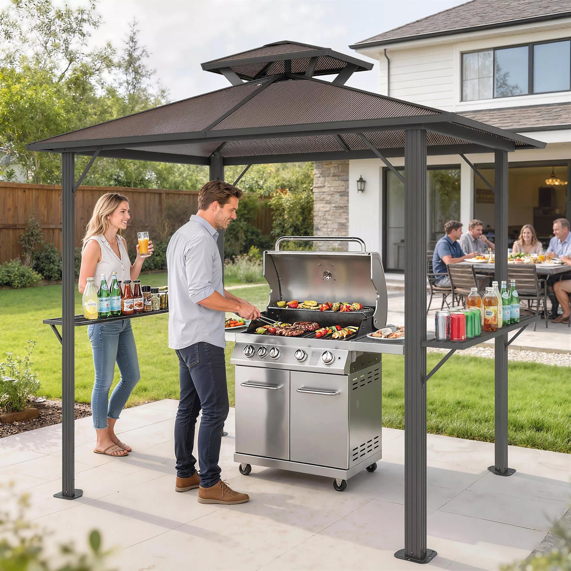 Grillpavillon 2,5 x 1,5 m, vandeniui atsparus grilio stogas su dvigubu polikarbonato stogu, šoninė lentynėlė, ruda spalva