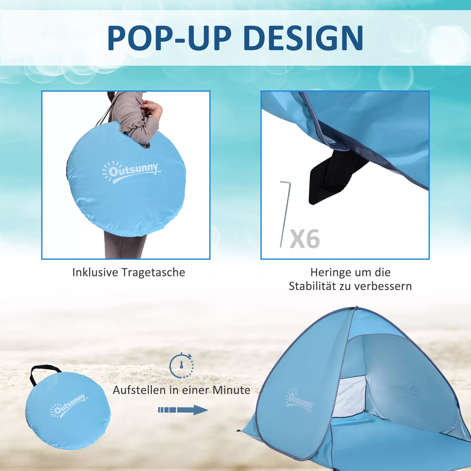 Schema su pop-up palapine, nešimo krepšiu ir tvirtinimo kuoliukais