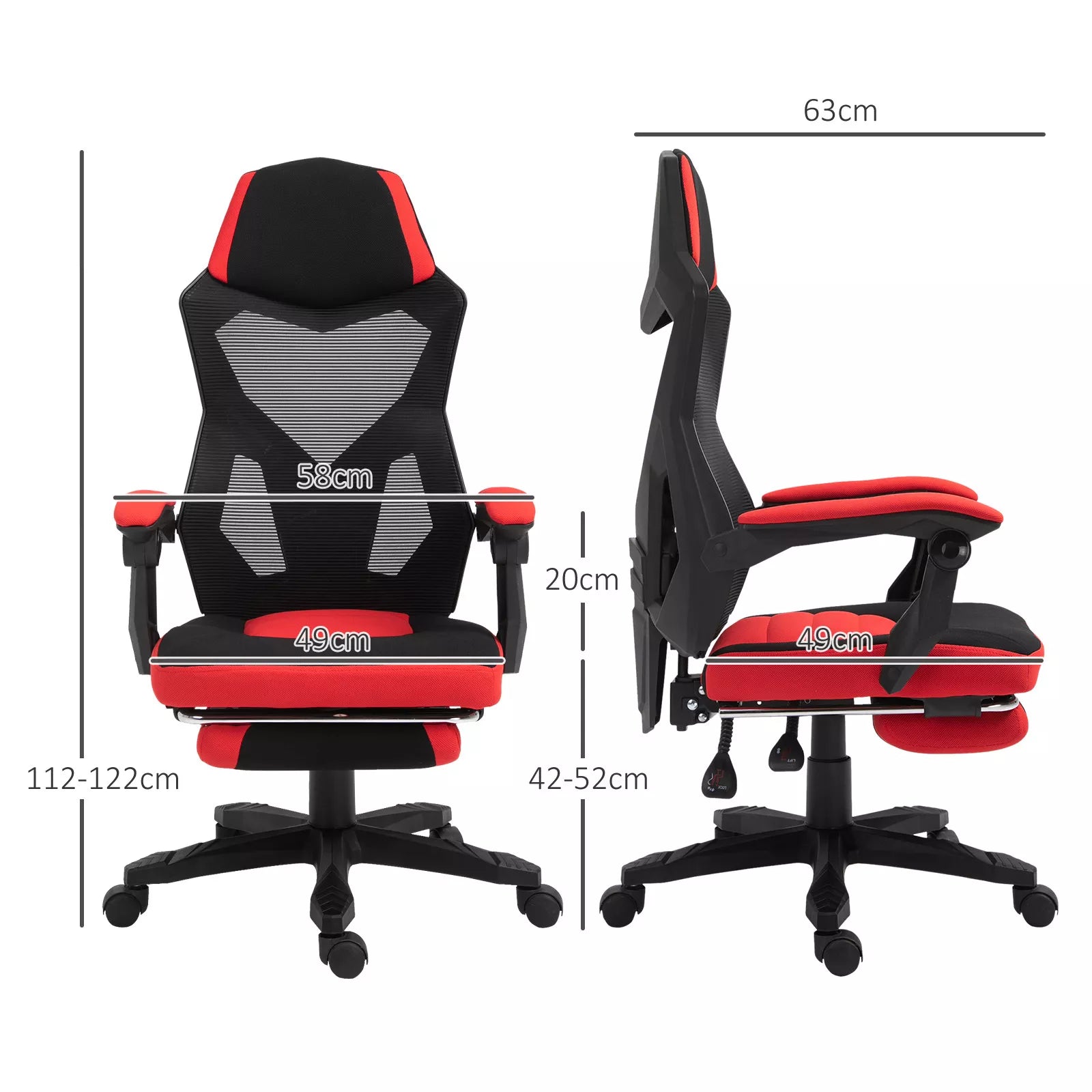 Ergonomiška biuro kėdė, žaidimų kėdė, sukiojama kėdė su atrama kojoms, kompiuterio kėdė, vadovo kėdė,  reguliuojamo aukščio, poliesteris, juoda + raudona, 58 x 63 x 112–122 cm