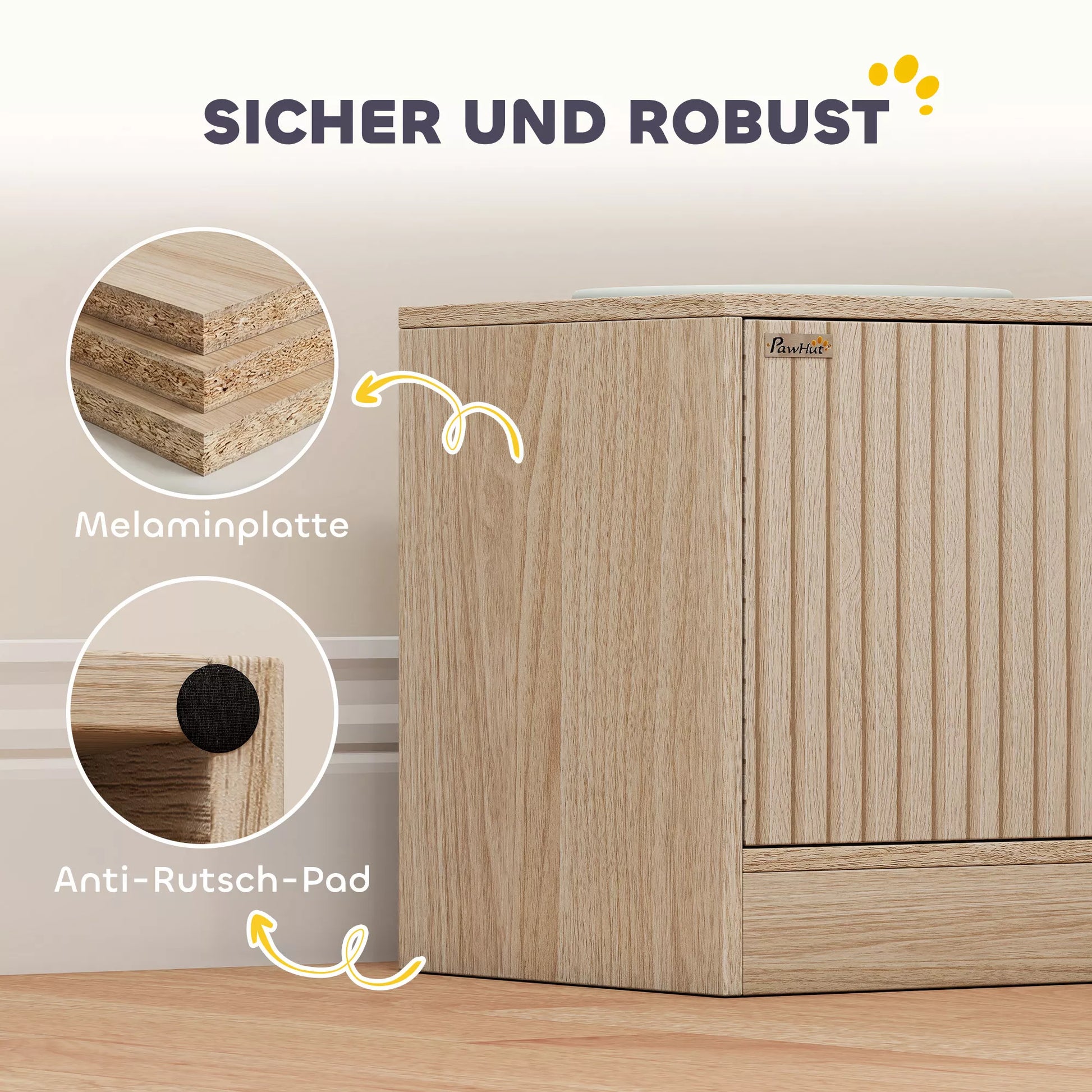 Šunų maitinimo stotis su 2 nerūdijančio plieno dubenimis, spintelė reikmenims, dideliems šunims, priedai, medinė