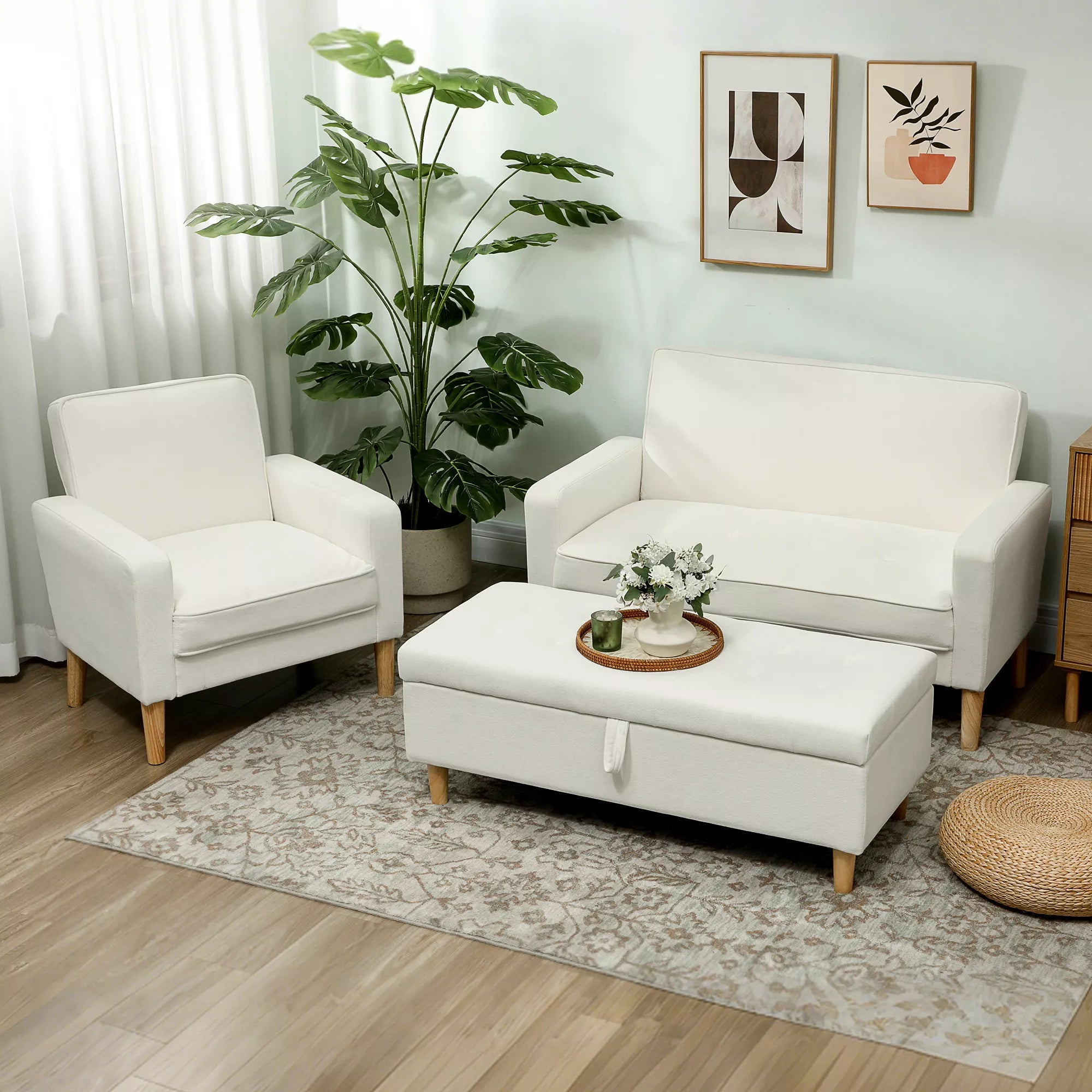 Dvivietė sofa, 130 cm pločio, kreminė balta
