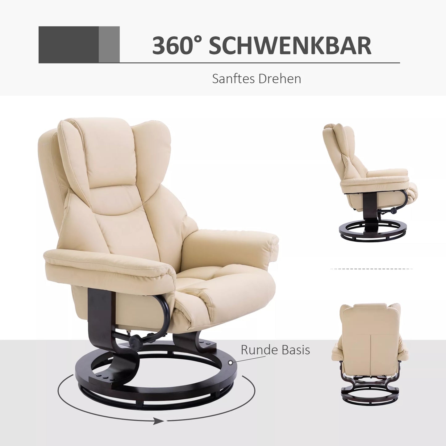 HOMCOM Relaksacinis krėslas su pakoja, gulima padėtimi, sukamas, iki 160 kg, dirbtinė oda, metalo rėmas, kreminės spalvos, 80 x 79 x 100 cm