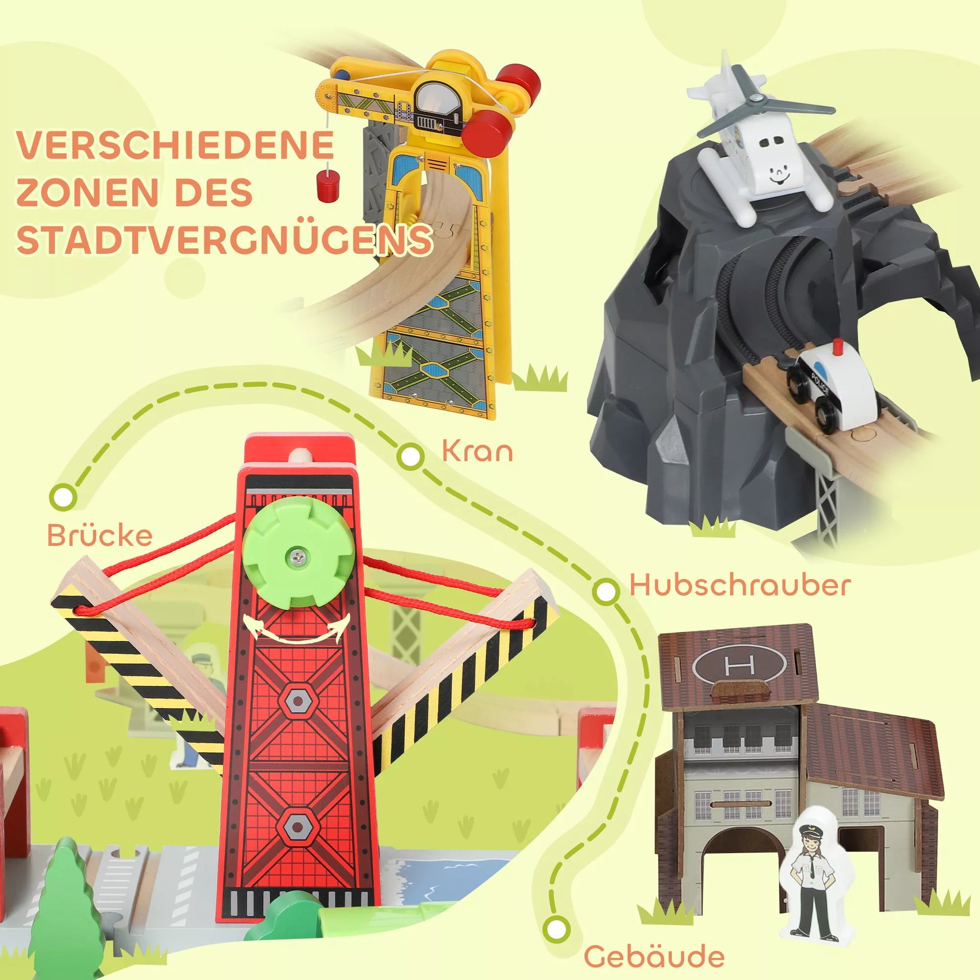 Medinių traukinių rinkinys, 100 dalių, su magnetiniu kranu, buko mediena, spalvotas