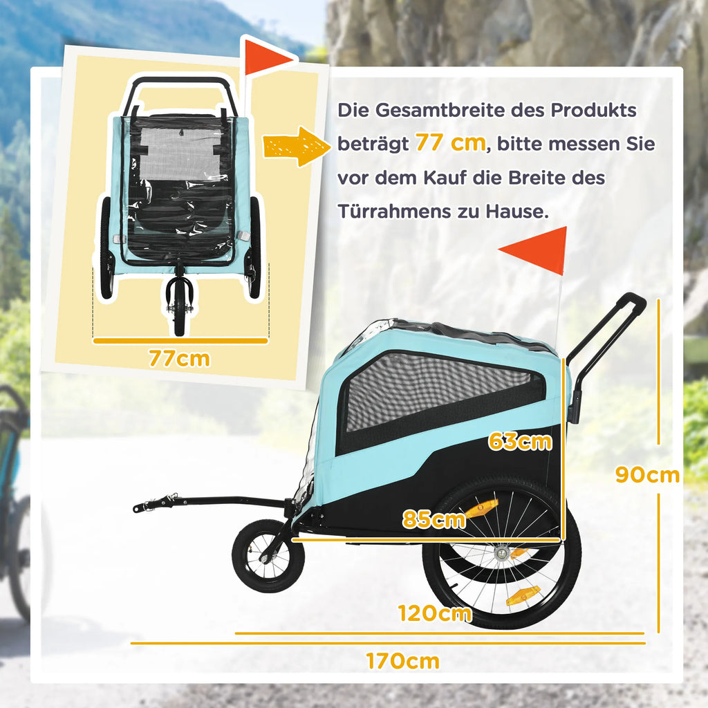 2 viename šunų priekaba šunų vežimėlis dviračio priekaba iki 30kg sulankstomas stumdomosios funkcijos 2 įėjimai tinkliniai langai apsauga nuo saulės plieninis rėmas šviesiai mėlynas 170 x 77 x 90 cm