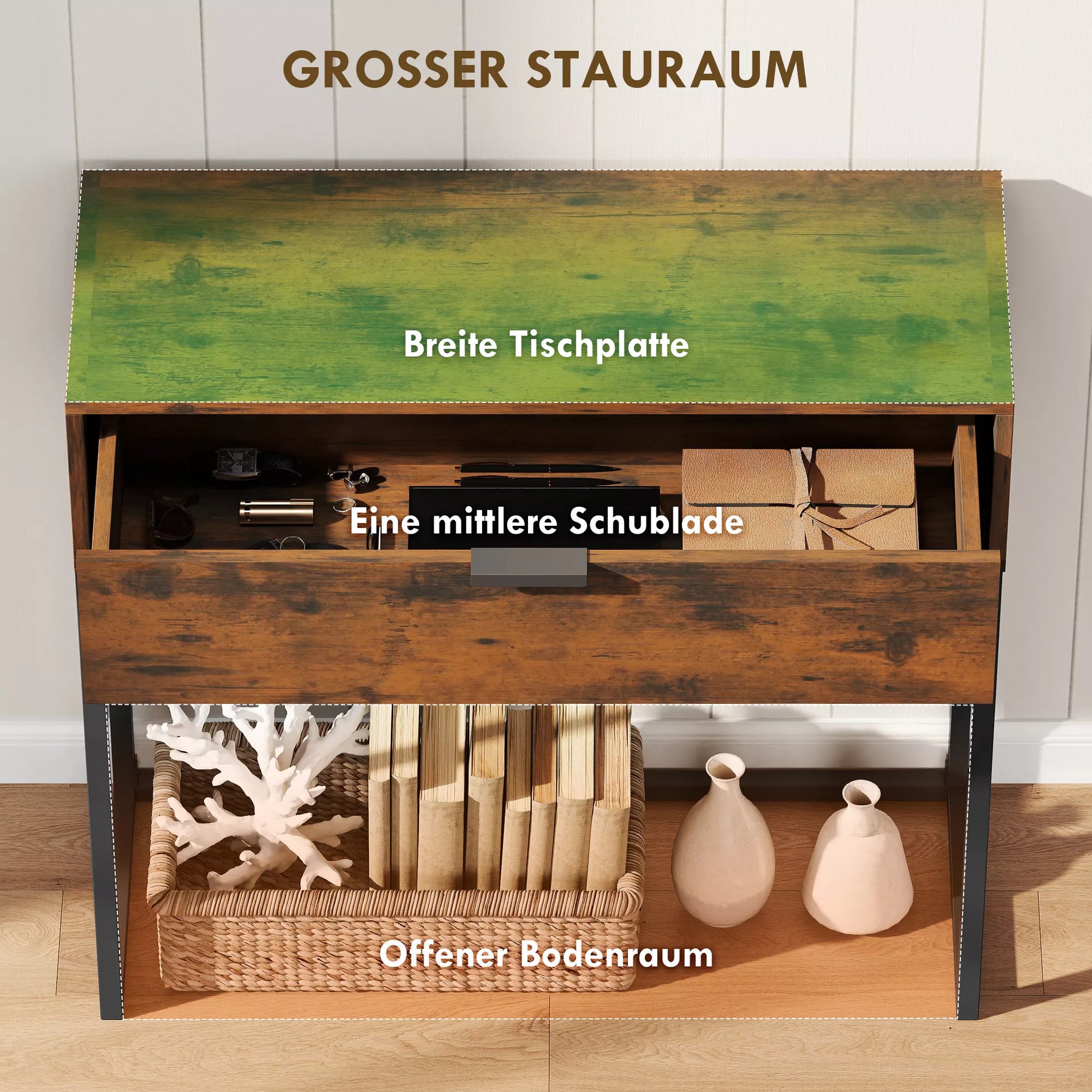 Konsolė, prieškambario stalas su stalčiu, pramoninis dizainas, prieškambario svetainė, 80x30x76 cm, juoda