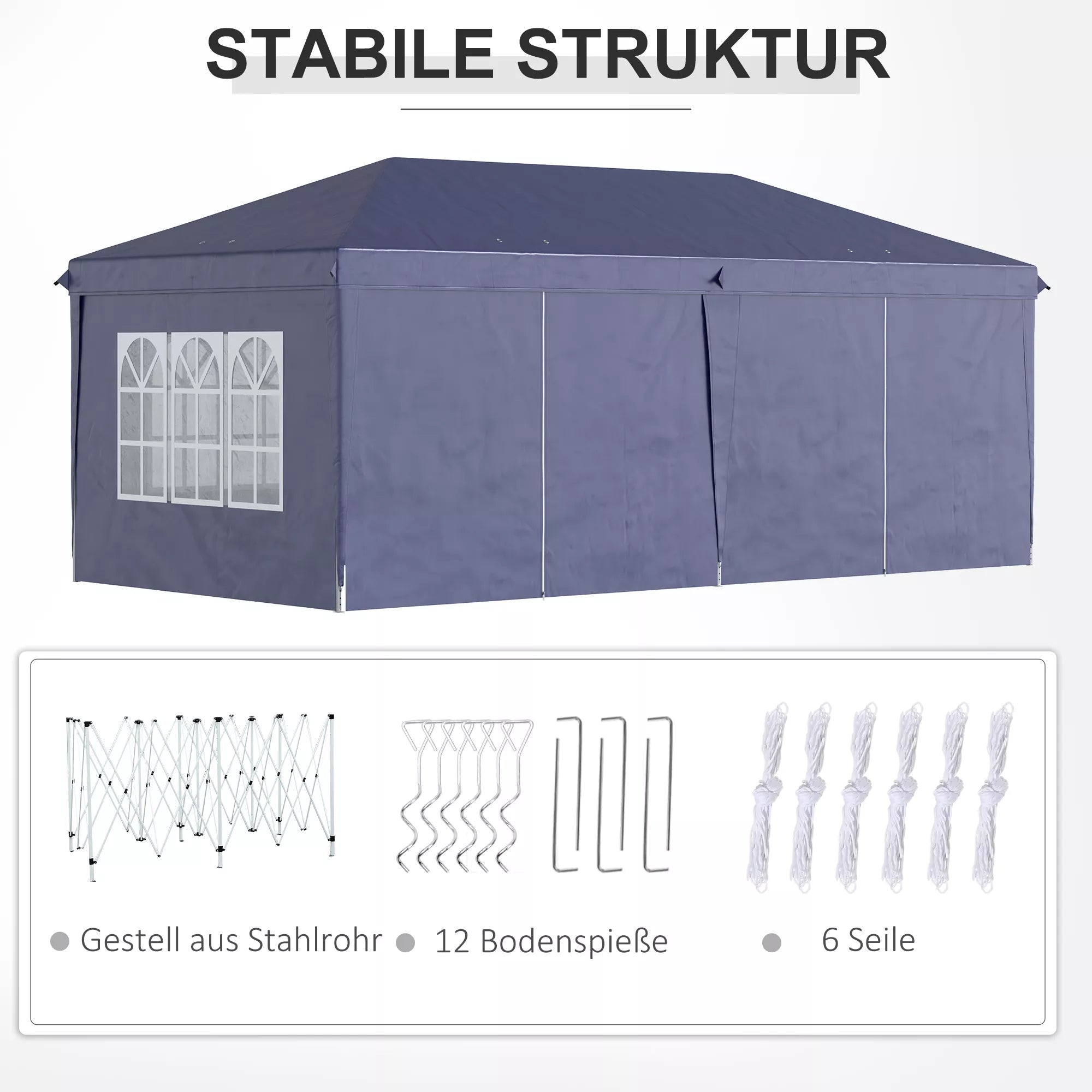 Sulankstomas paviljonas 6 x 3 m, nuimamos šoninės sienos, dideli langai, užtrauktukinės durys, plieninis rėmas, mėlynos spalvos