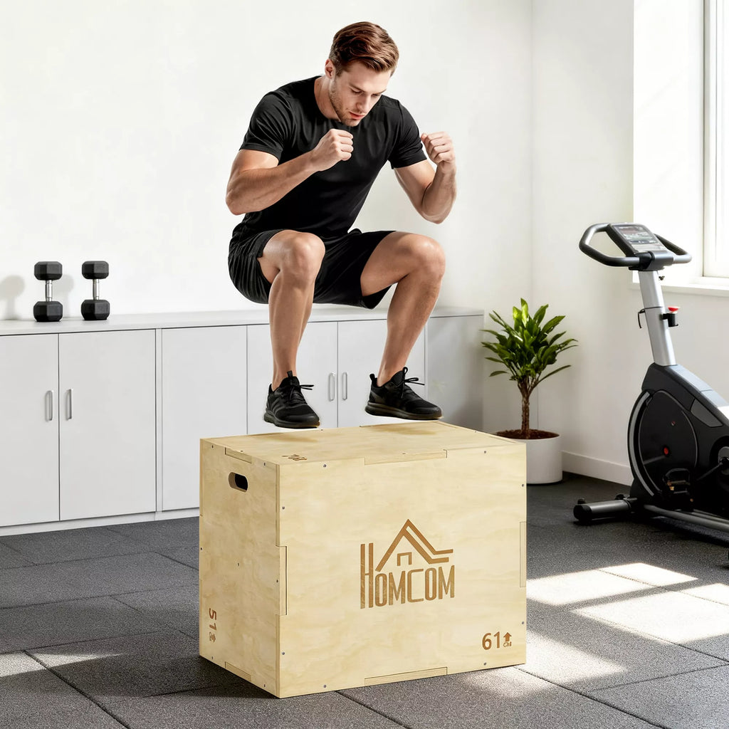 3-in-1 Plyo Box medinė pliometrinė šokimo dėžė su 3 šokimo aukščiais rankenomis 61 x 51 x 76 cm natūralaus medžio