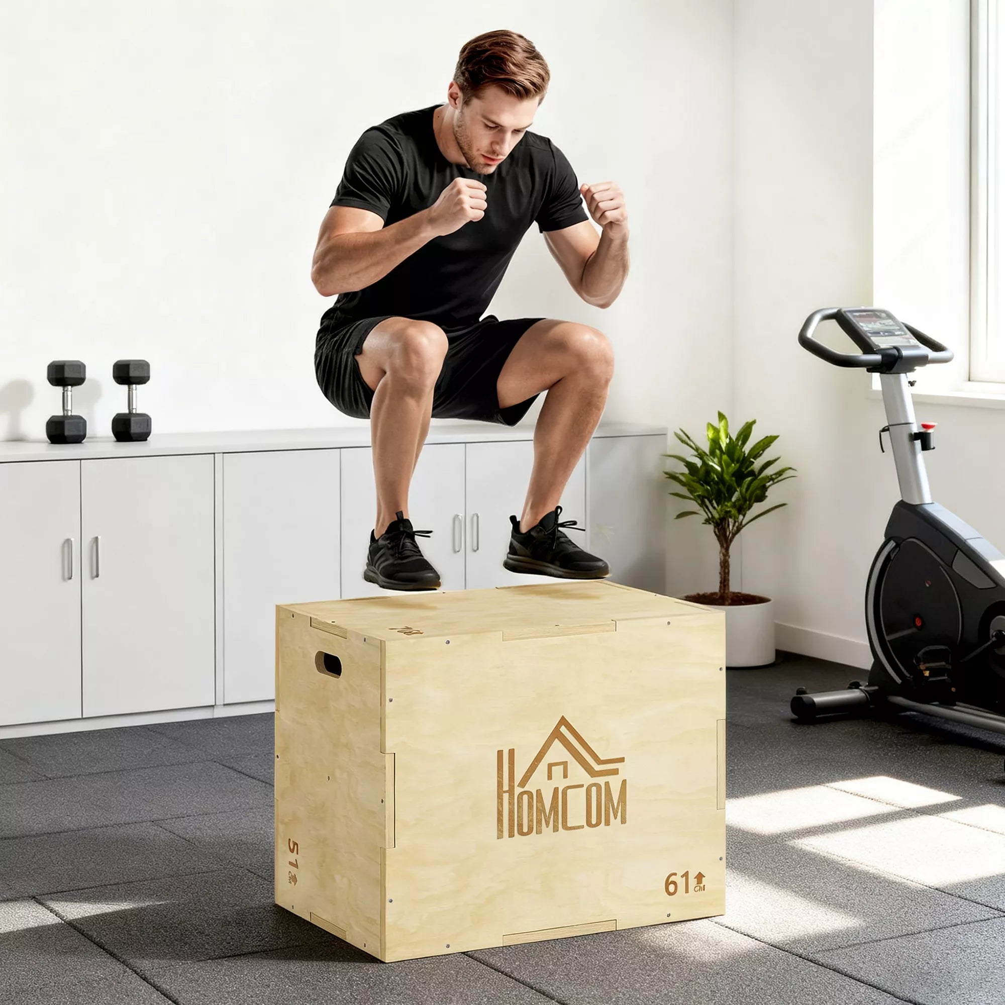 3-in-1 Plyo Box medinė pliometrinė šokimo dėžė su 3 šokimo aukščiais rankenomis 61 x 51 x 76 cm natūralaus medžio
