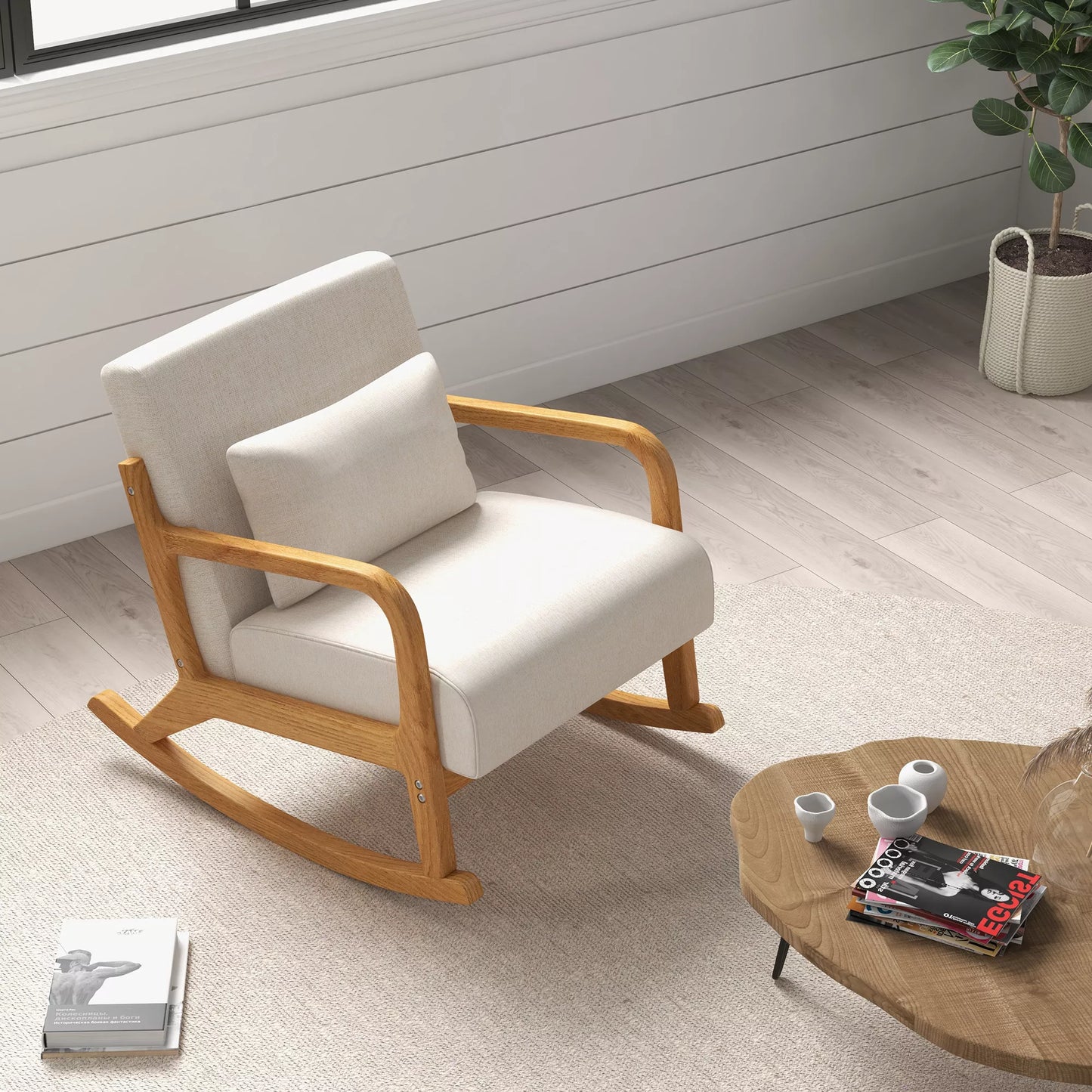 Supamas krėslas retro dizaino, kaučiukmedžio mediena, 64,5 cm x 92 cm x 81,5 cm, smėlio spalvos + ruda