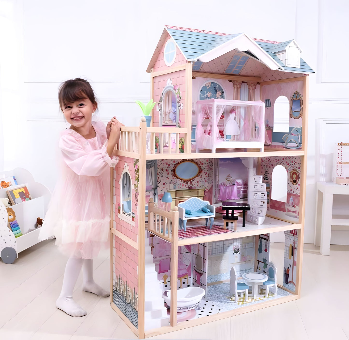 Didelis medinis lėlių namas, 3 aukštų, su 11 baldų komplektu, ECOTOYS