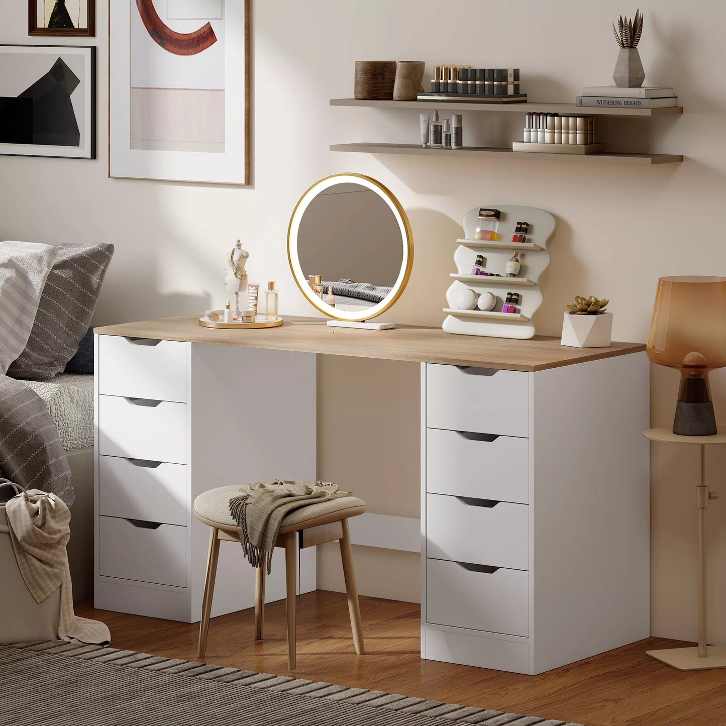 140 cm kompiuterinis stalas, 8 stalčiai, rašomasis stalas namų biurui, miegamajam, plienas, mediena, baltas