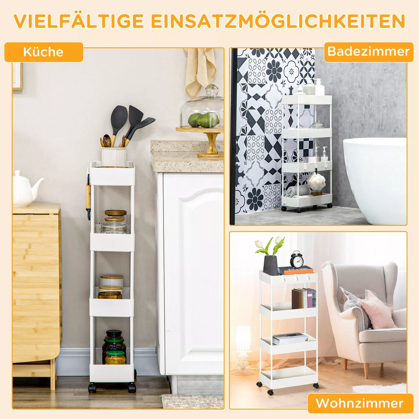 Virtuvės vežimėlis su 4 lentynomis, 4 lanksčiais kabliukais, 4 ratukais, 40 cm x 19 cm x 90 cm, siauras vežimėlis, baltas