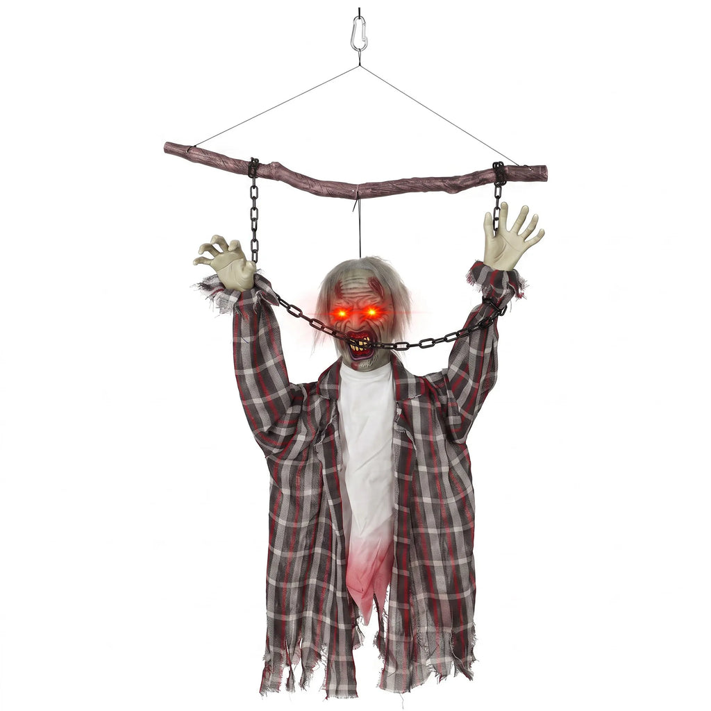 110 cm animuota kabinama Helovino dekoracija, rėkiantis zombis, garso ir prisilietimo aktyvavimas, raudonos LED akys