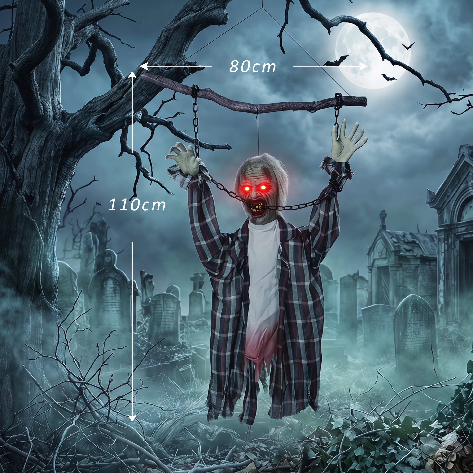 110 cm animuota kabinama Helovino dekoracija, rėkiantis zombis, garso ir prisilietimo aktyvavimas, raudonos LED akys