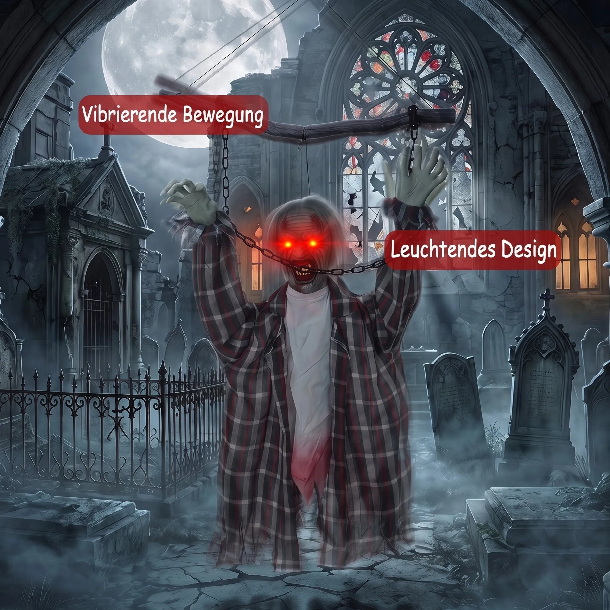 110 cm animuota kabinama Helovino dekoracija, rėkiantis zombis, garso ir prisilietimo aktyvavimas, raudonos LED akys