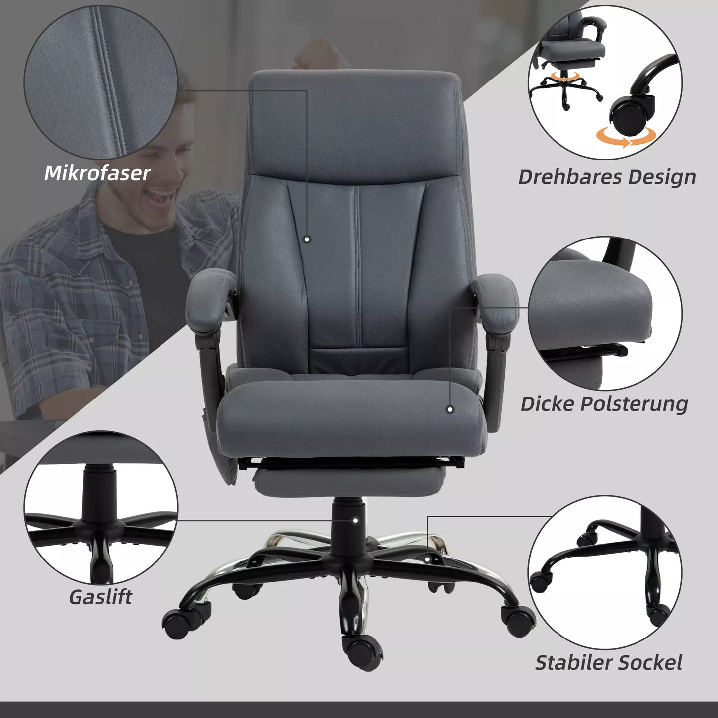 Biuro kėdė su masažo ir šildymo funkcija, kojų atrama, iki 120 kg, tamsiai pilka