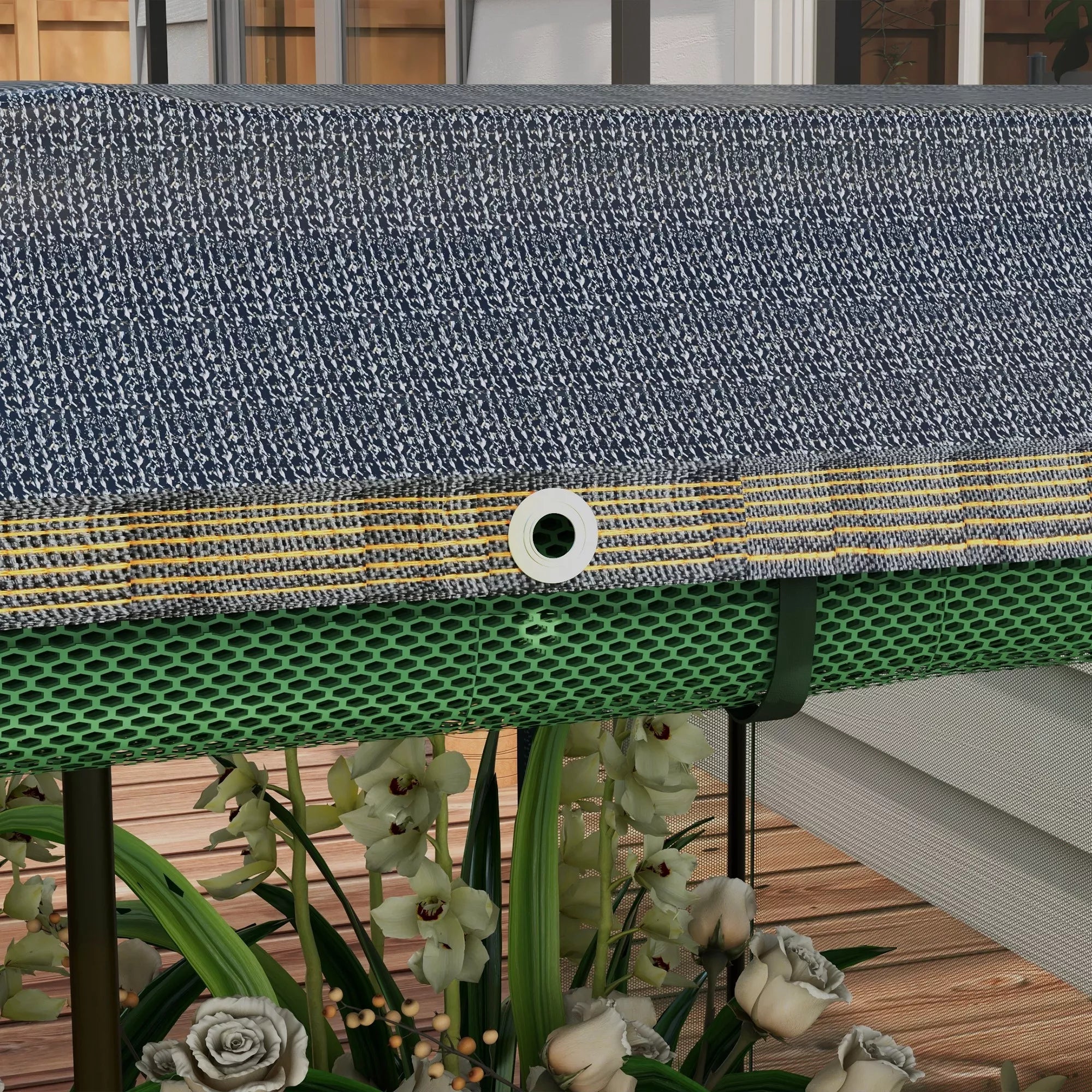 Aukštas lysvė su paukščių apsaugos tinklu ir apsauga nuo saulės, metalinis korpusas, 230x110x110 cm, pilka/žalia/juoda