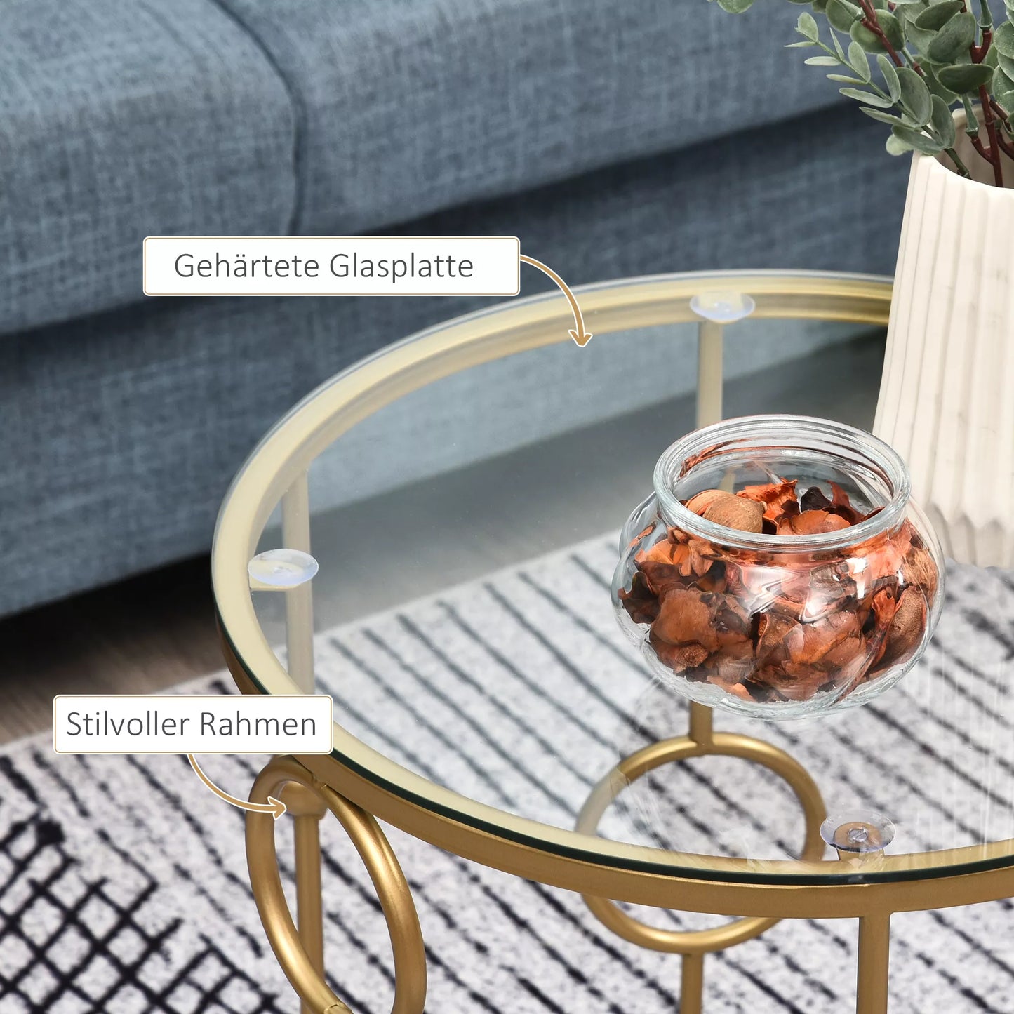 2 vnt. rinkinys Kavos staliukas, pagrindinis staliukas su stiklo plokšte, svetainės staliukas su padangos ir rutulio dizainu Ø41 x 57 cm, auksas