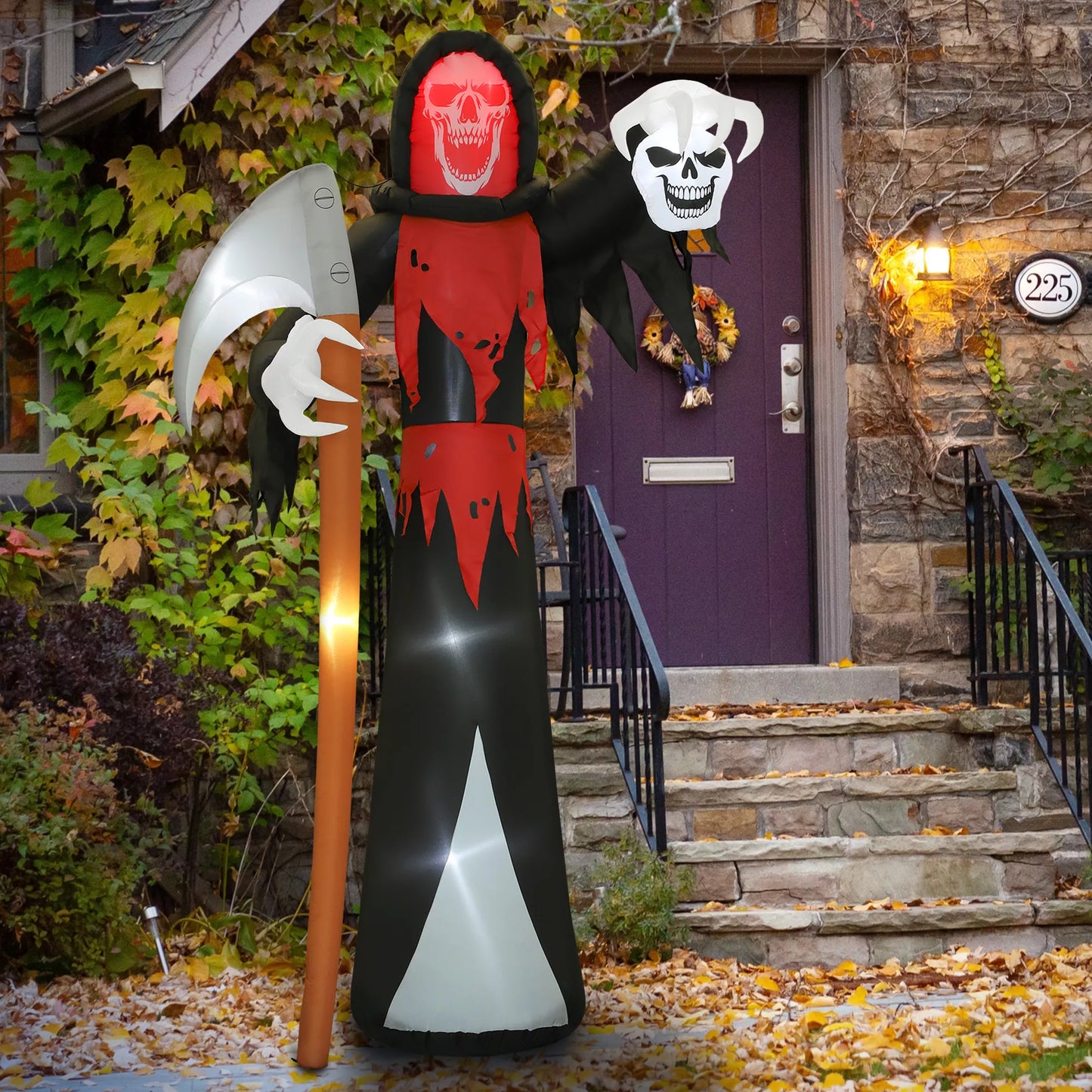 Outsunny Helovino dekoracija 3,7 m didžiulis Šienapjūtė su LED apšvietimu, šviečianti pripučiama figūra lauko reikmenims