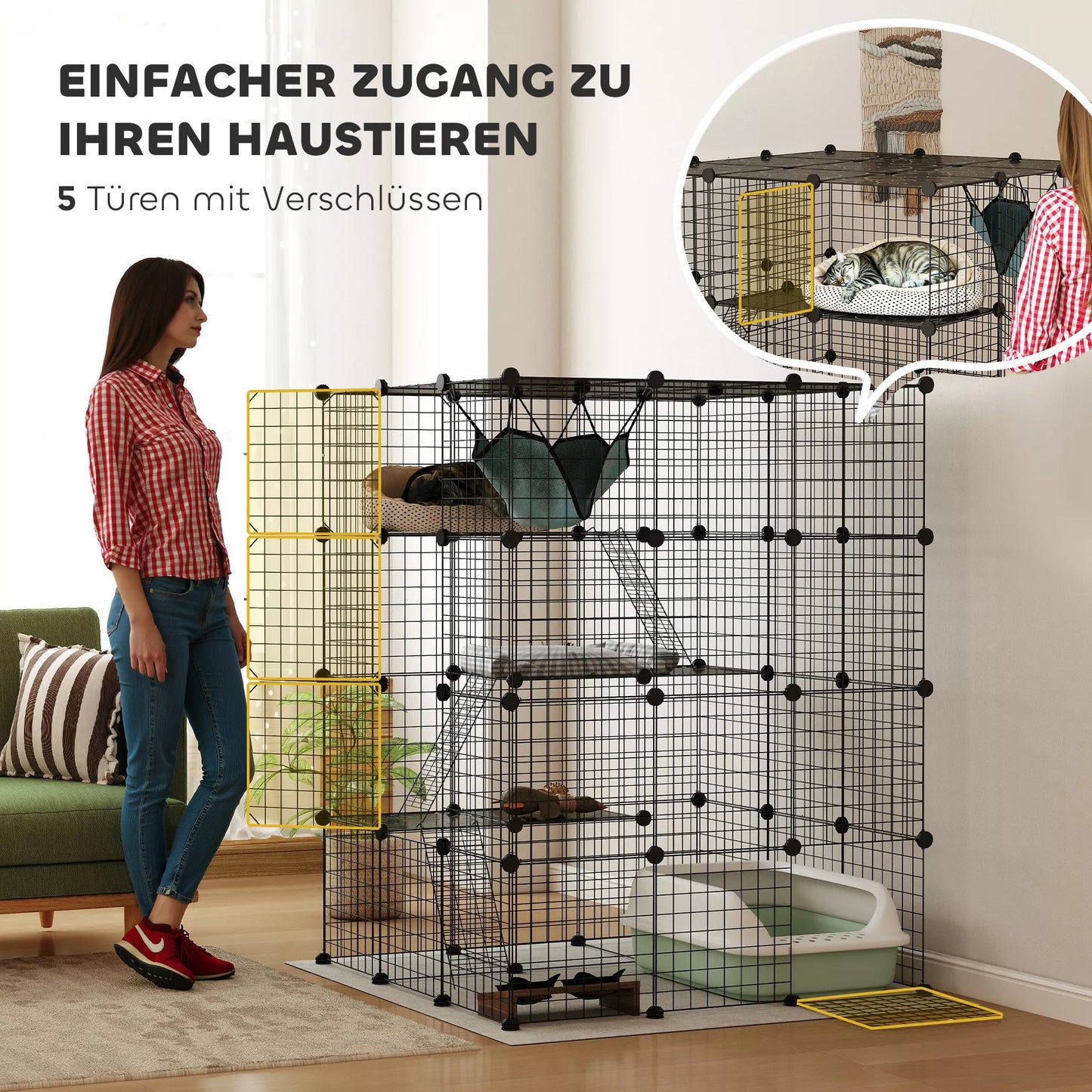 Katės narvas vidaus patalpoms, 4 aukštų, pasidaryk pats, su tankiu metaliniu tinklu, hamaku, rampa, durimis, šokimo platformomis