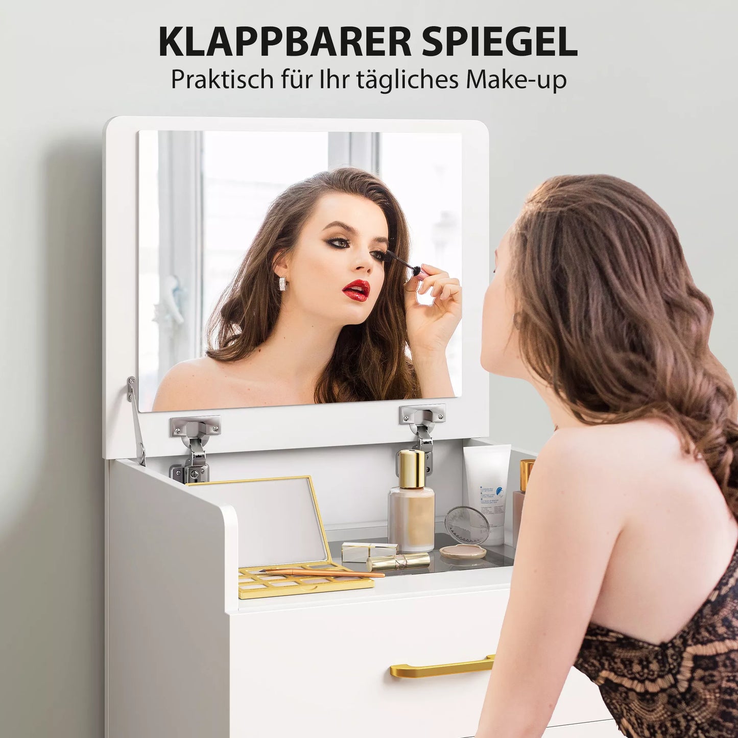 3-in-1 tualetinis staliukas su veidrodžiu, naktinis staliukas, ratukinis taburetė, stalčiai, baltas