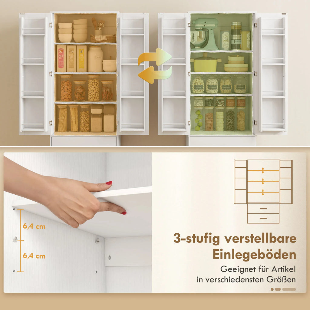 159 cm virtuvės spintelė, reguliuojamos lentynos, 2 stalčiai, skirta virtuvei, valgomajai, medžio drožlių plokštė, MDF, balta