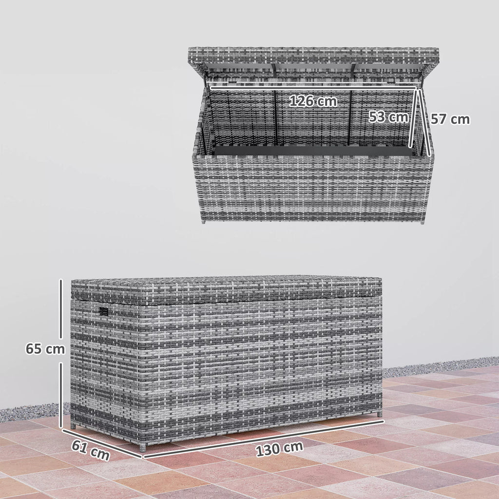 Rattan Auflagenbox 380L atsparus atmosferos poveikiui pagalvės dėžė su dangčiu Sandėliavimo erdvė Atsparus UV spinduliams 130 x 61 x 65 cm Tamsiai pilka