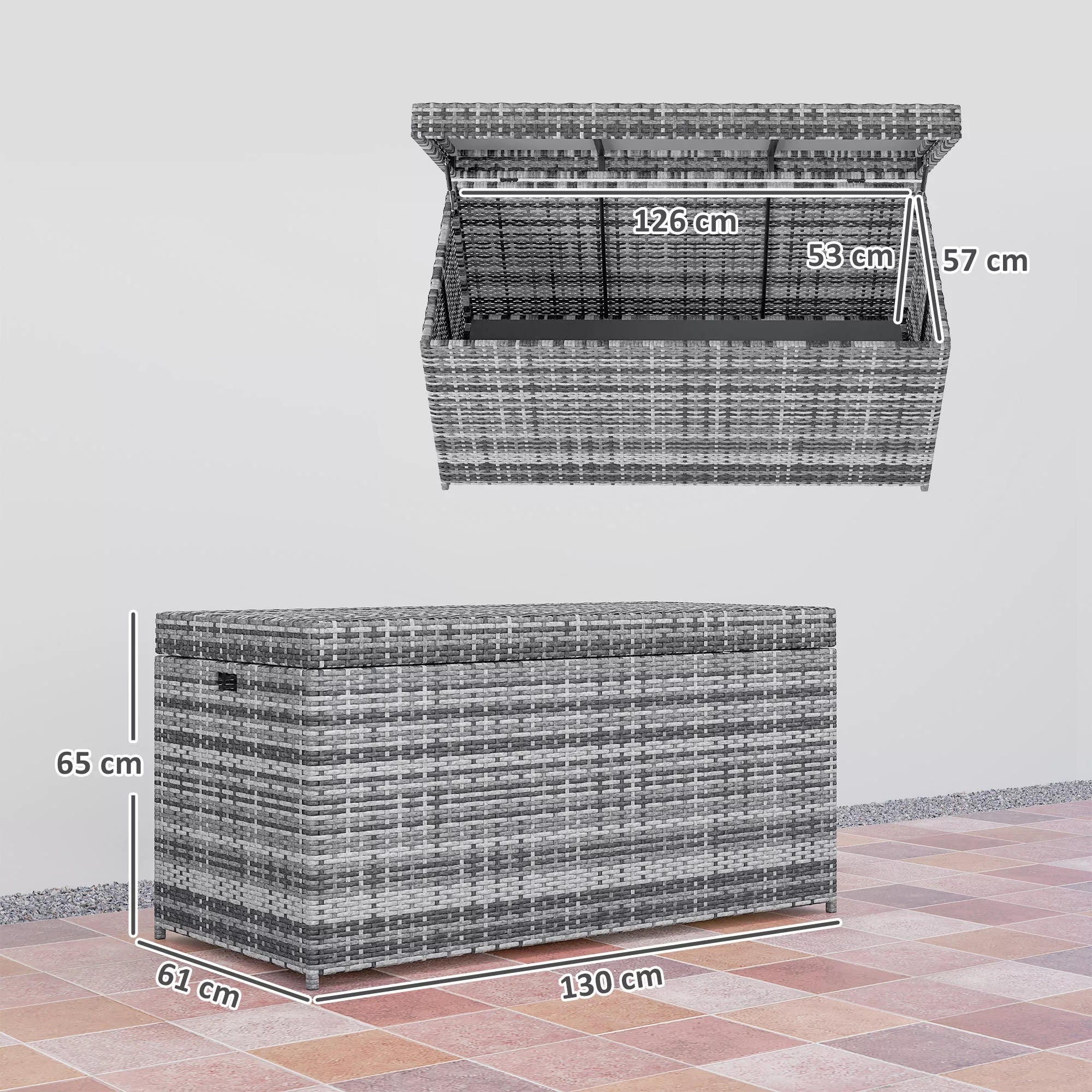Rattan Auflagenbox 380L atsparus atmosferos poveikiui pagalvės dėžė su dangčiu Sandėliavimo erdvė Atsparus UV spinduliams 130 x 61 x 65 cm Tamsiai pilka