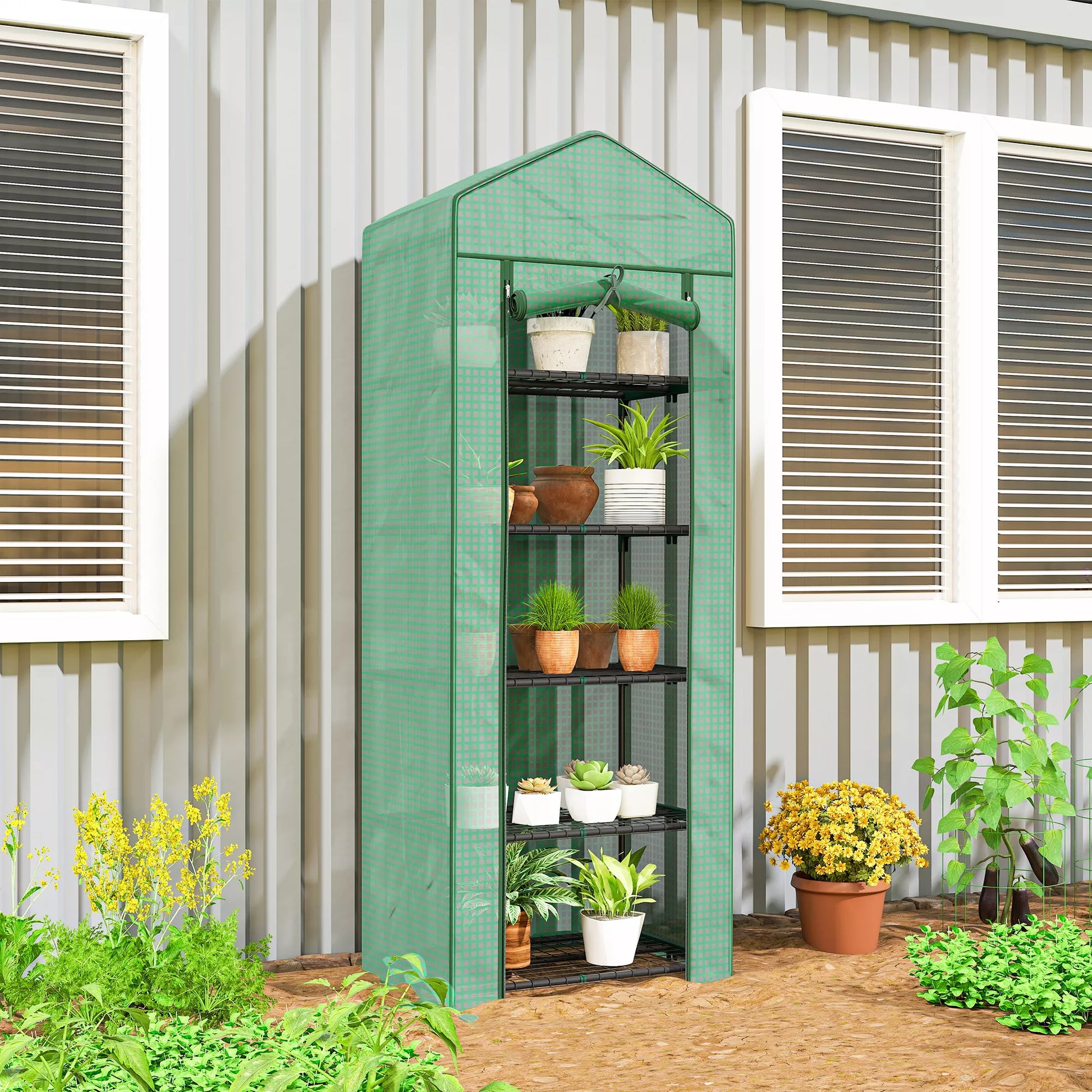 Mini šiltnamis gėlėms ar daržovėms, plienas, plastikas, 69L x 49B x 193H cm, žalias