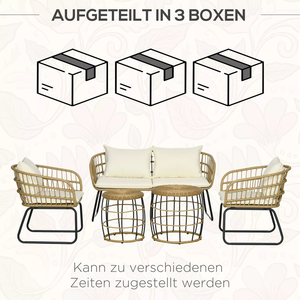 Rattanų sėdimoji grupė Lauko sėdimoji grupė, boho stiliaus, 5 dalių rinkinys, 145 x 70 x 78 cm, kreminė + natūrali + juoda