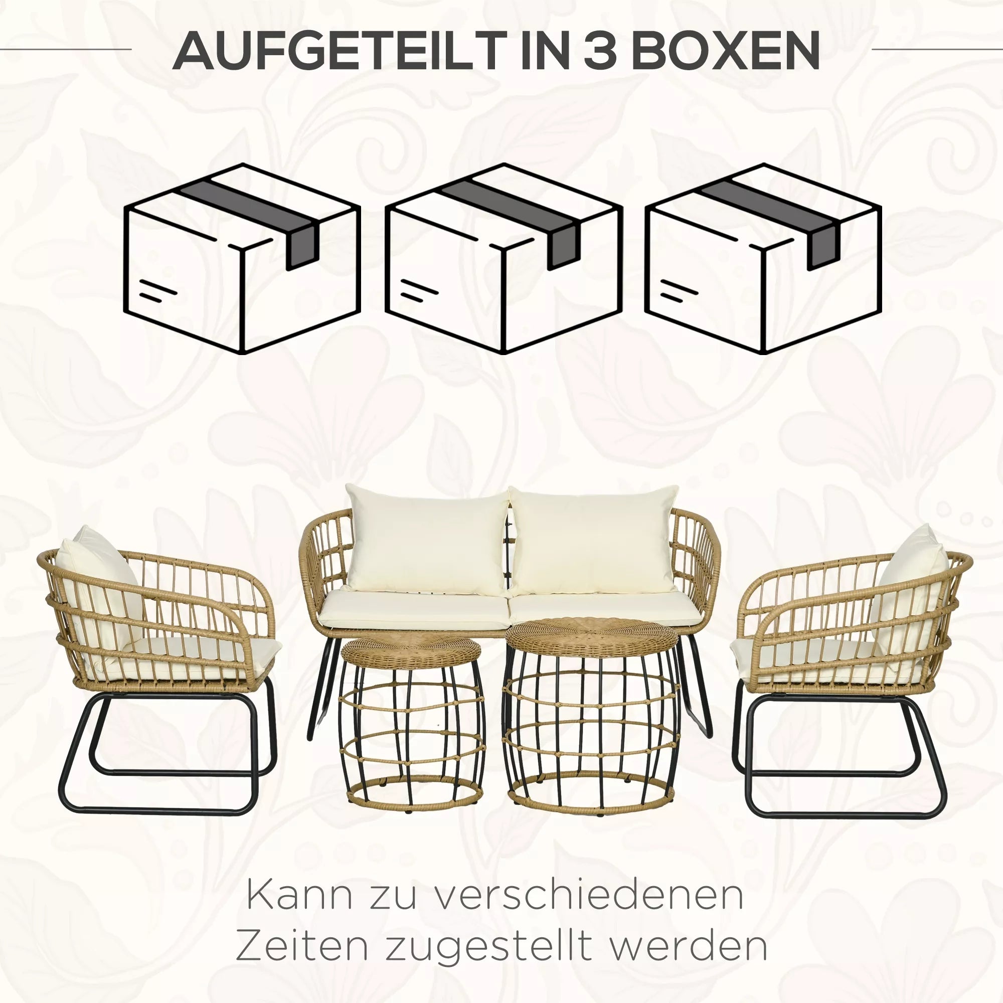 Rattanų sėdimoji grupė Lauko sėdimoji grupė, boho stiliaus, 5 dalių rinkinys, 145 x 70 x 78 cm, kreminė + natūrali + juoda
