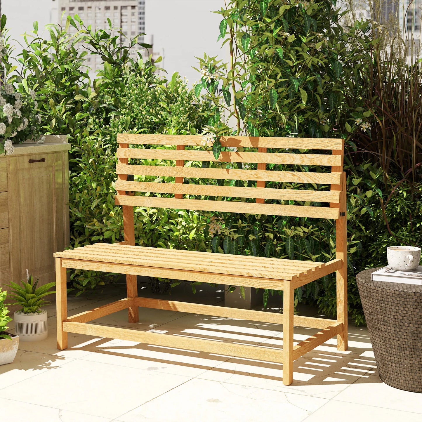 2 vietų medinis sodo suoliukas, atsparus oro sąlygoms, UV spinduliams atsparus lauko baldas su transformuojamomis atlošomis 110x61x89cm, tikmedis