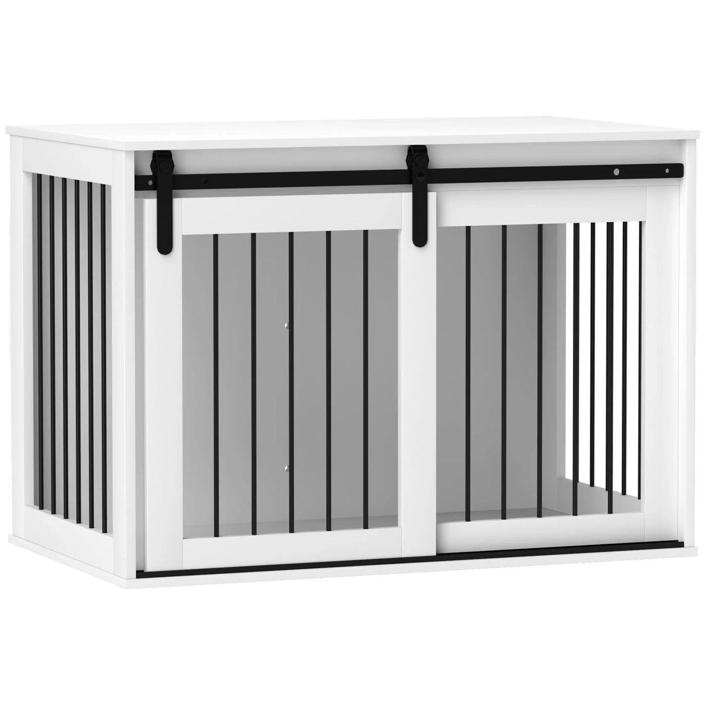 Šunų dėžė su stumdomomis durimis, ventiliacija, medžio drožlių plokštės ir plieno, 98 x 58 x 61 cm, riešuto spalvos.