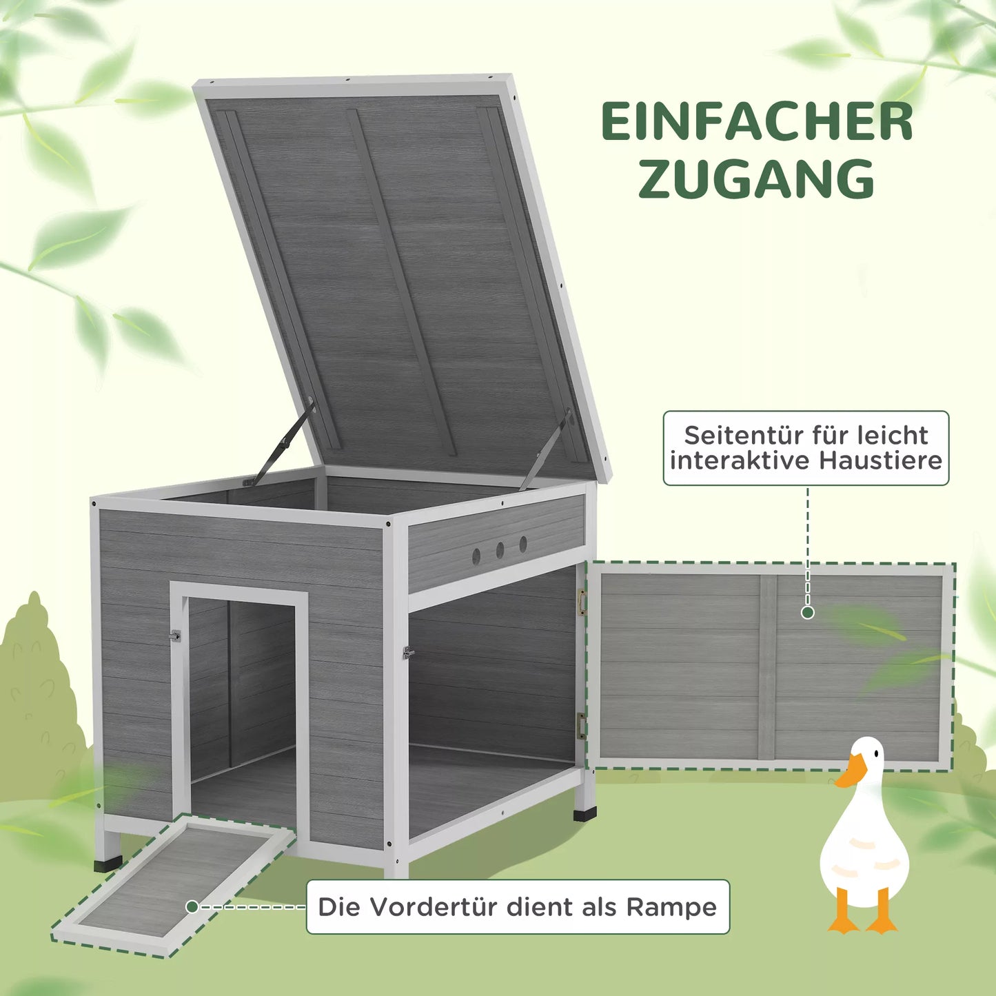 Ančių namelis Ančių namelis iš medžio su asfaltiniu stogu, išimamu dugnu, šoninėmis durimis, paukščių namelis su ventiliacijos angomis, atsparus oro sąlygoms Žąsų namelis Vištidė Šviesiai pilka 63 x 82 x 76 cm