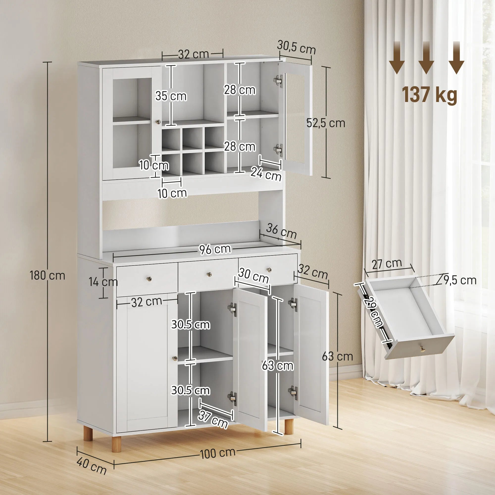 180 cm virtuvės spintelė, 2 stiklinės durys, 3 stalčiai, 4 reguliuojami lentynos, valgomojo spintelė, medžio drožlių plokštė, balta