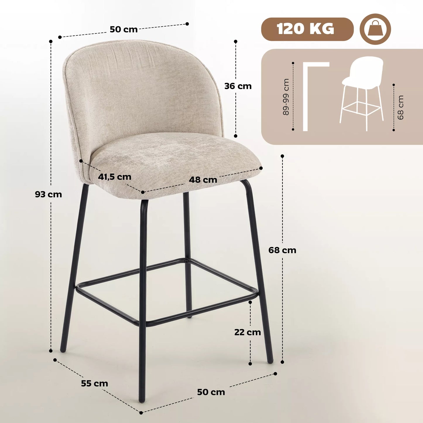 2 vnt. komplektas baro taburečių su atlošu ir atrama kojoms, paminkštintos kėdės su plieninėmis kojelėmis virtuvės salai, valgomajam, smėlio spalvos