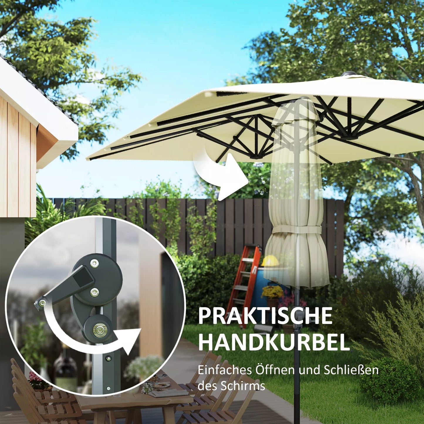 Dvipusis skėtis, 451 x 264 cm skėtis nuo saulės su kietimo sistema, 12 metalinių stipinų, aliuminio stiebas, kreminės baltos spalvos