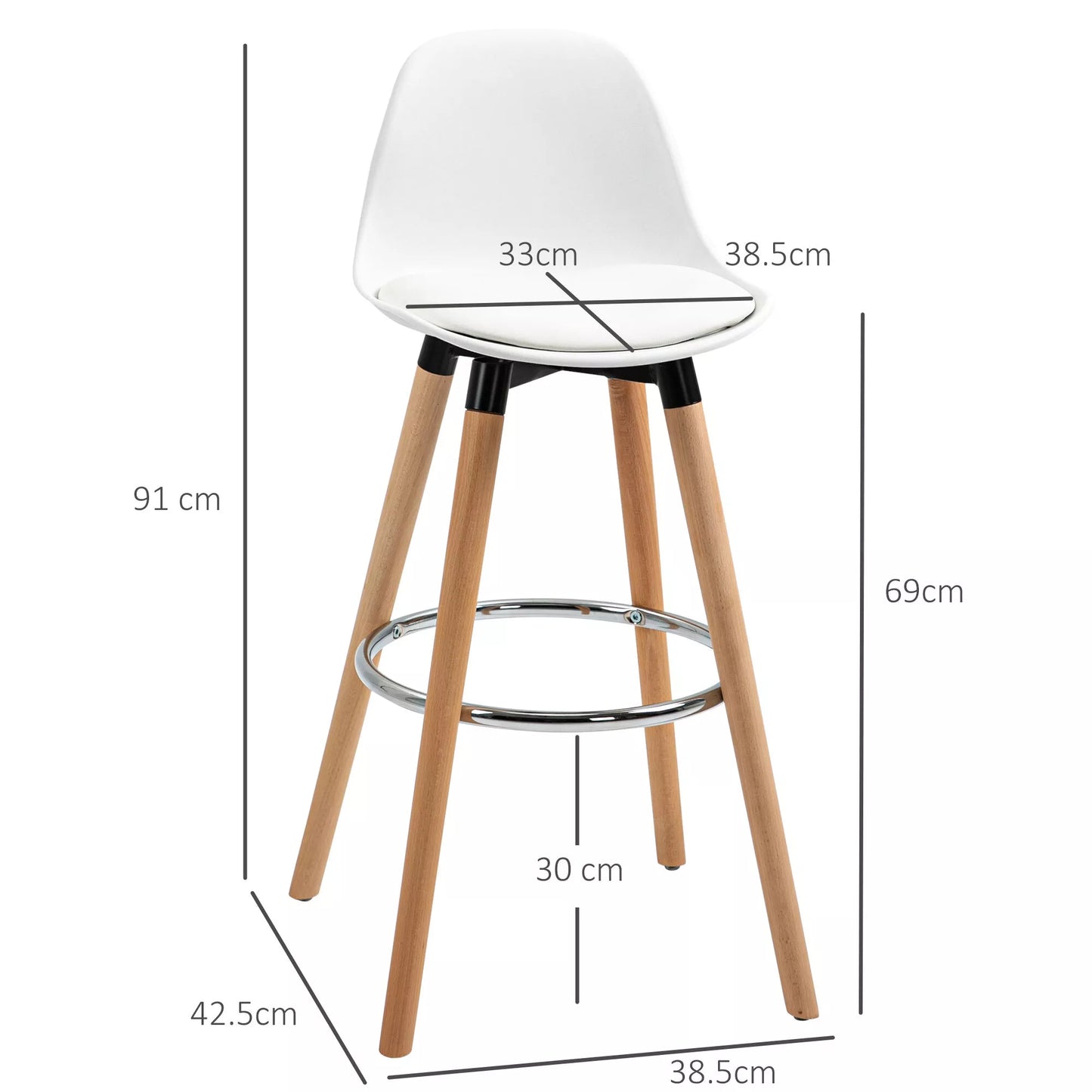 HOMCOM 2 vnt. baro kėdžių komplektas, Skandinaviško dizaino, su atrama kojoms, 38,5 cm x 42,5 cm x 91 cm, Natūrali + Balta