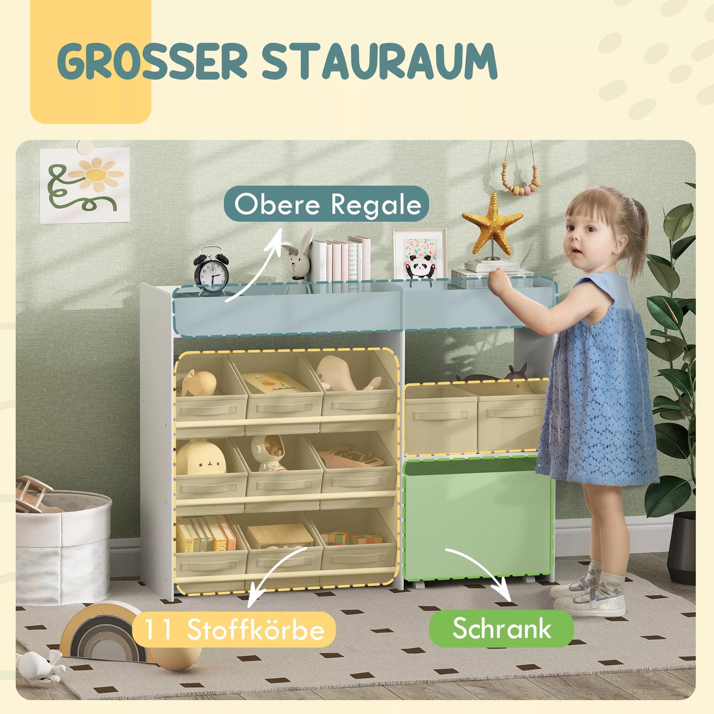 Vaikiška daiktų laikymo lentyna, žaislų spintelė su 11 audinių dėžučių, viršutiniais skyreliais, 3 lipdukais, balta