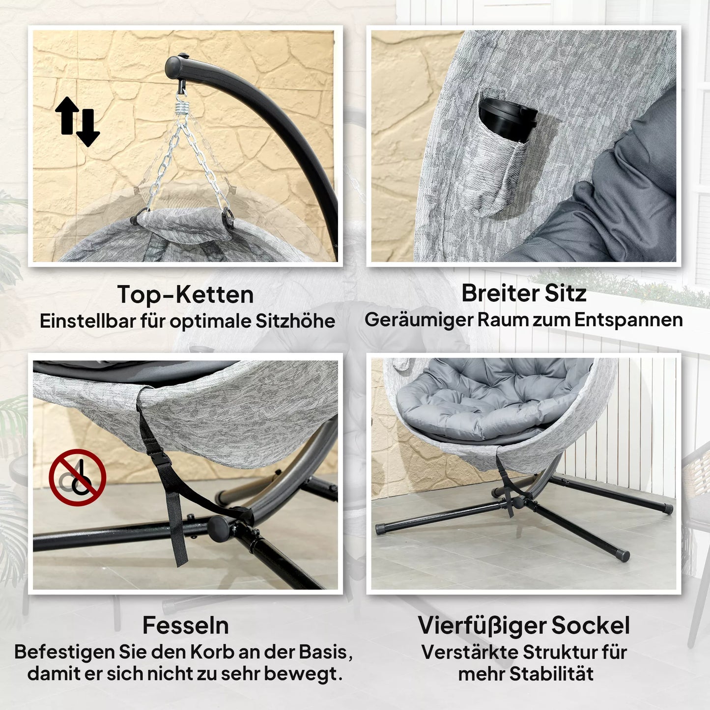 Kiaušinio formos pakabinamas krėslas su supimosi funkcija ir sulankstomu krepšiu, sodo kėdė, puodelio laikiklis, pilkos spalvos