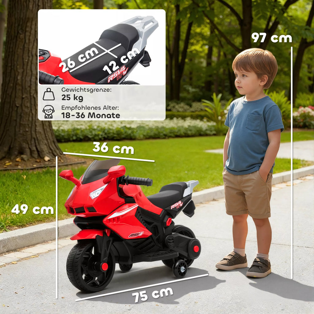 Elektrinis motociklas vaikams, garso signalas, priekiniai žibintai, muzikos funkcija, 2,5 km/h, raudonas