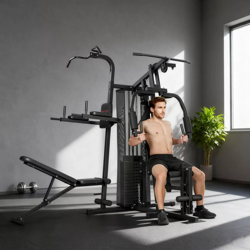 Daugiafunkcinė treniruočių stotis, namų sporto salės įranga daugiau nei 10 pratimams, svoriai, reguliuojamas treniruočių suolas, juoda