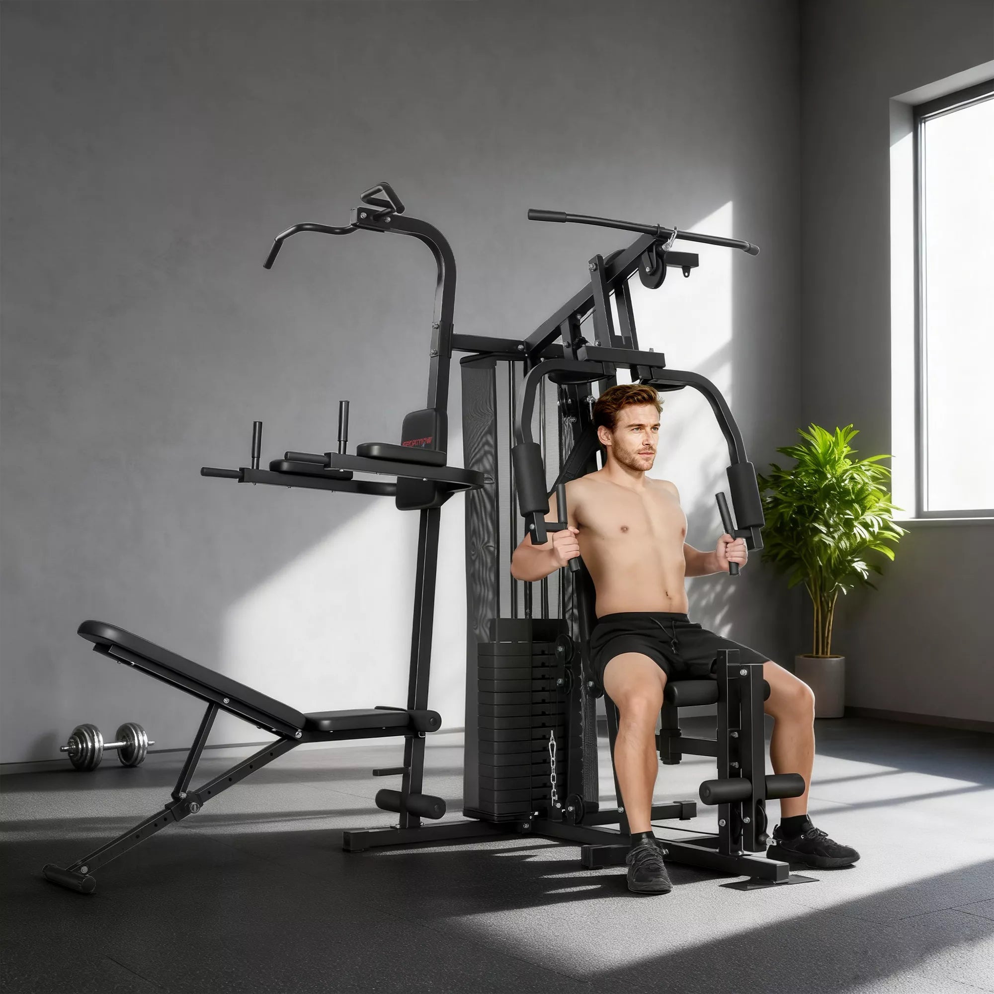 Daugiafunkcinė treniruočių stotis, namų sporto salės įranga daugiau nei 10 pratimams, svoriai, reguliuojamas treniruočių suolas, juoda
