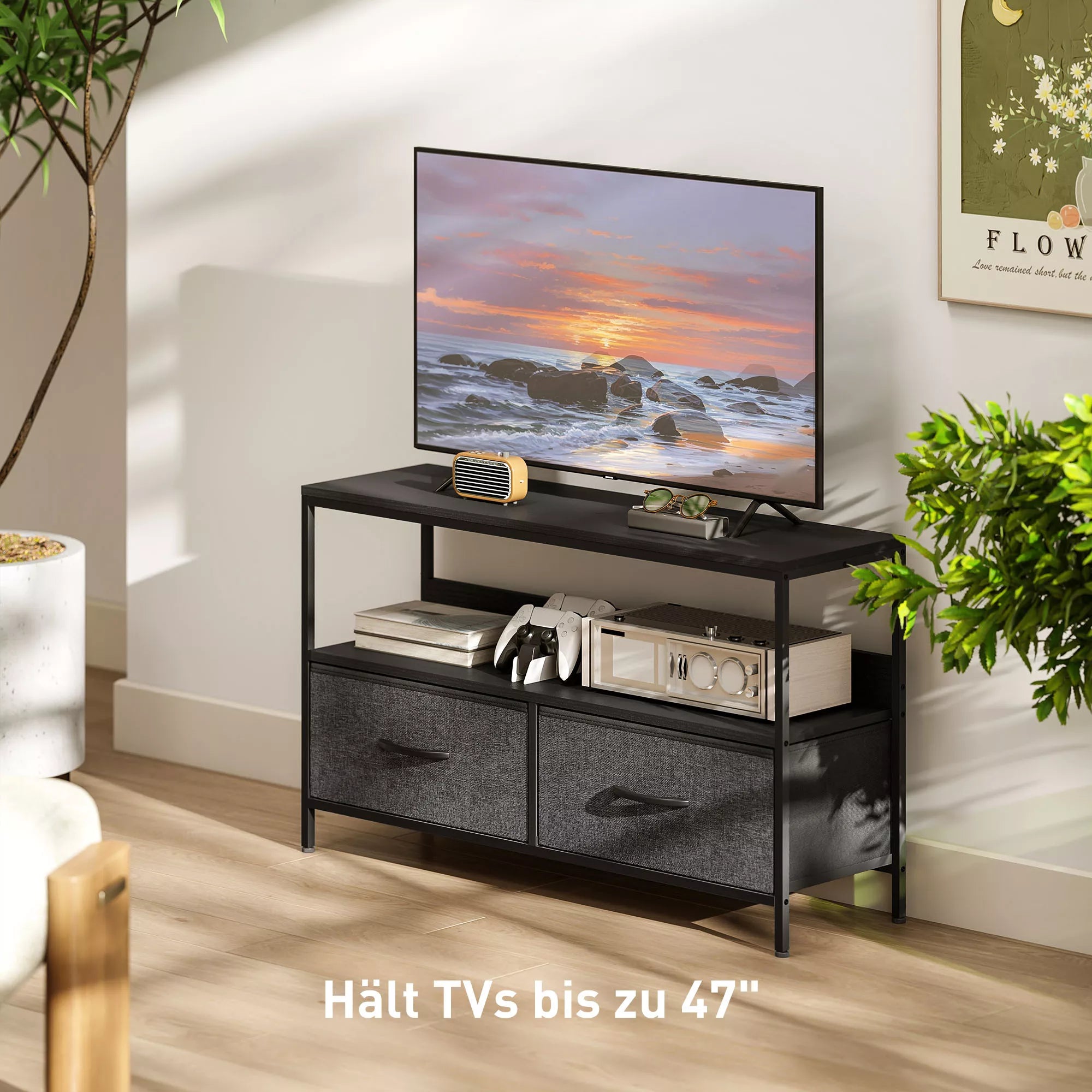 TV staliukas su 2 stalčiais, atviru skyriumi, televizoriams iki 47 colių, 98 x 29 x 56 cm, juoda+tamsiai pilka