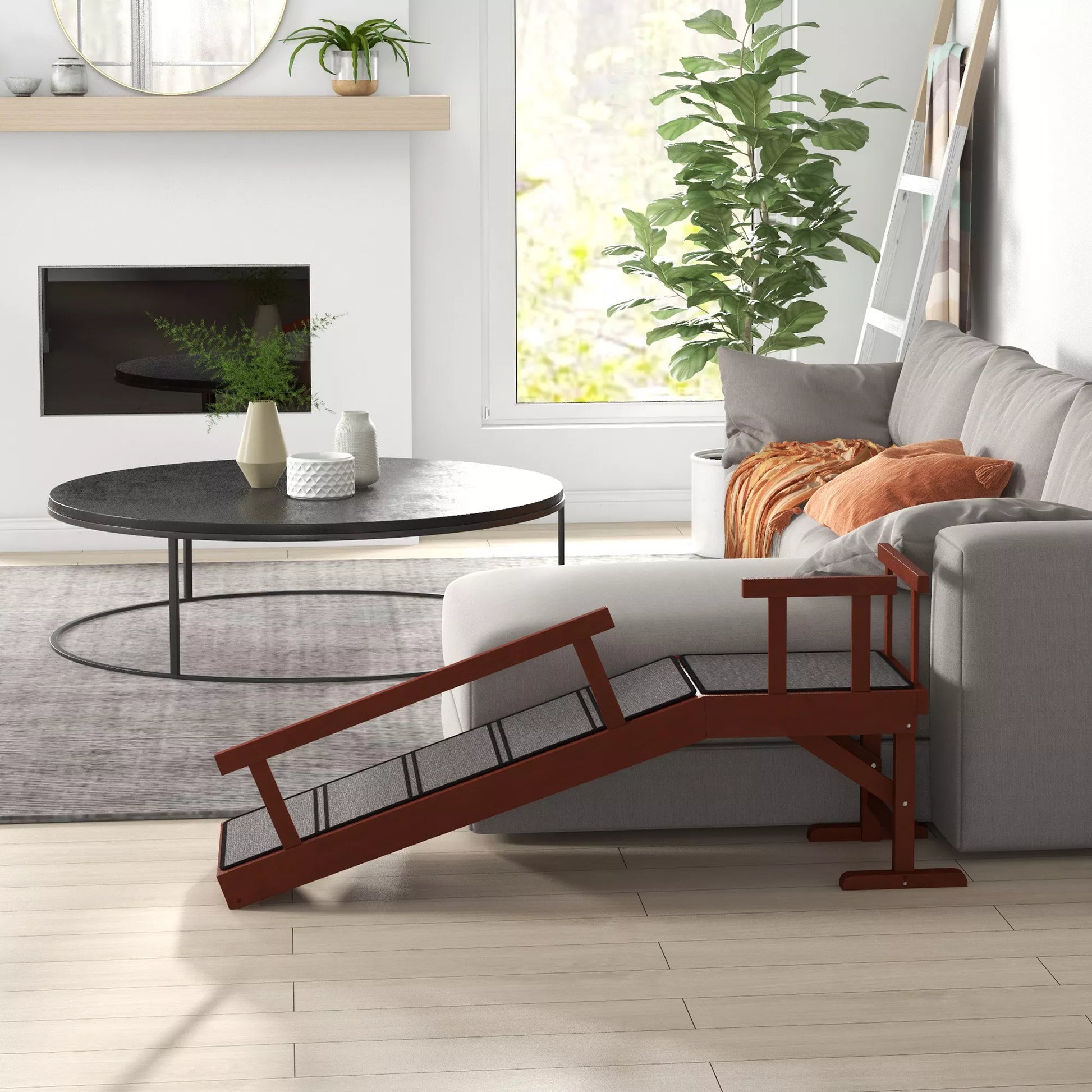 Šunų rampa, nuimami turėklai, neslidūs, mediniai, iki 30 kg, 125x40x56 cm, rudi/pilki